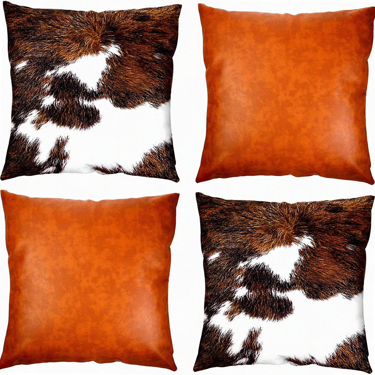 Cowhide Western Accent Pillow Set - 18x18 Leather Throw Covers (Set of 4) - Hidden Zip Modern Farmhouse Decor Square Cushion Cases for Couch & Sofa