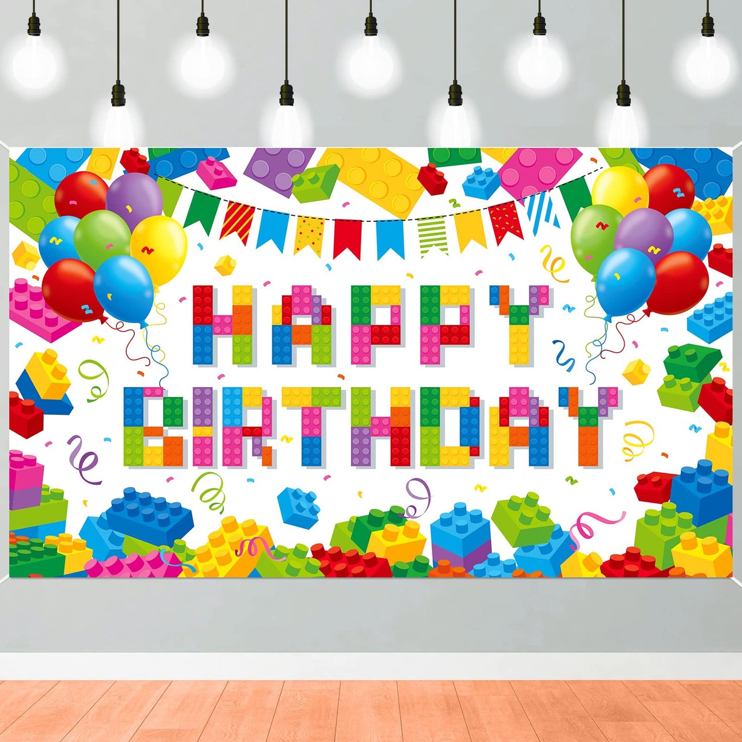 Colorful Bricks Birthday Backdrop - Happy Birthday Banner & Photography Background for Kids Party Decorations - Building Blocks Theme Supplies & Baby Shower Decor