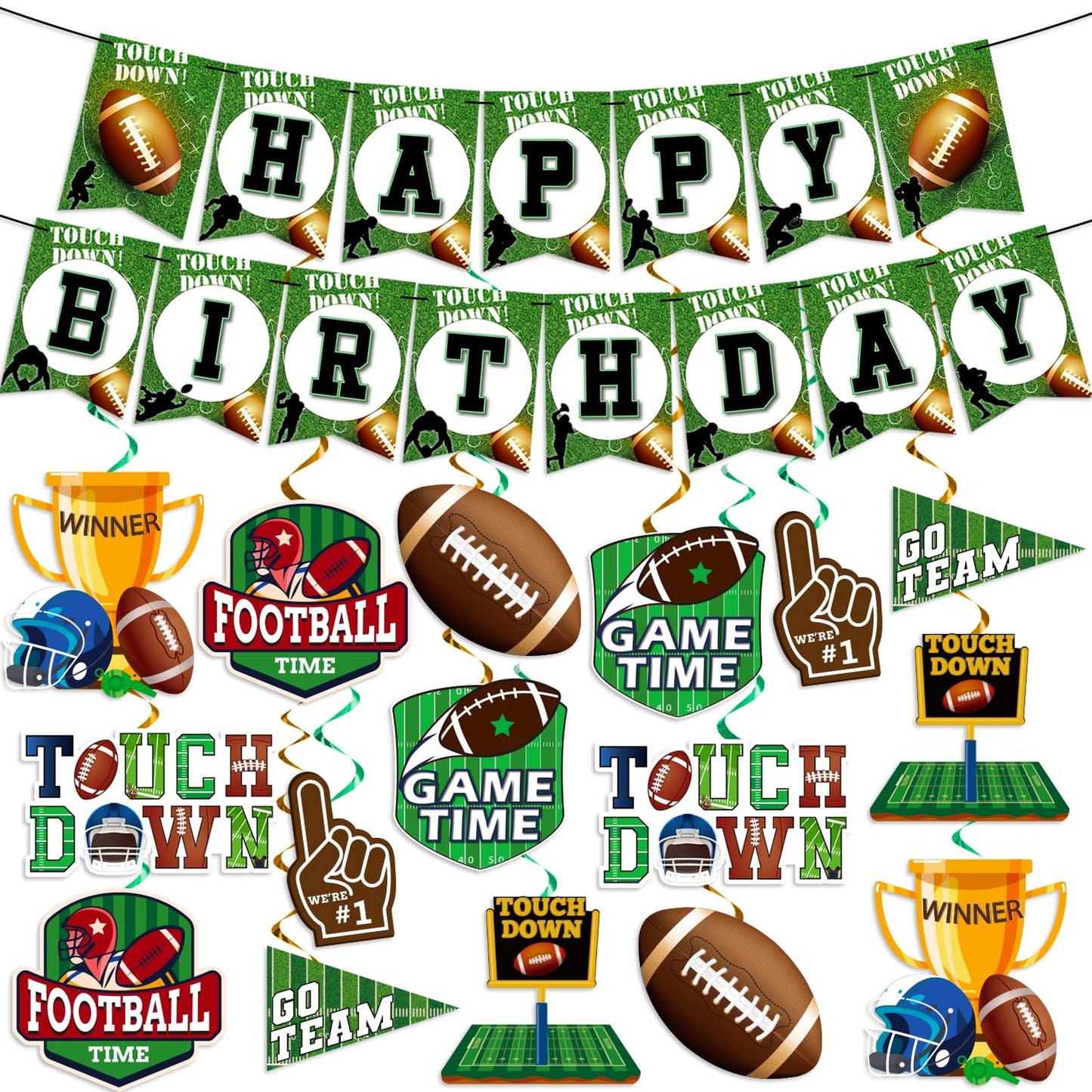 Touchdown Party Pack - Football Banner & Hanging Swirl Decorations. Complete your football party with this all-in-one decorations set!