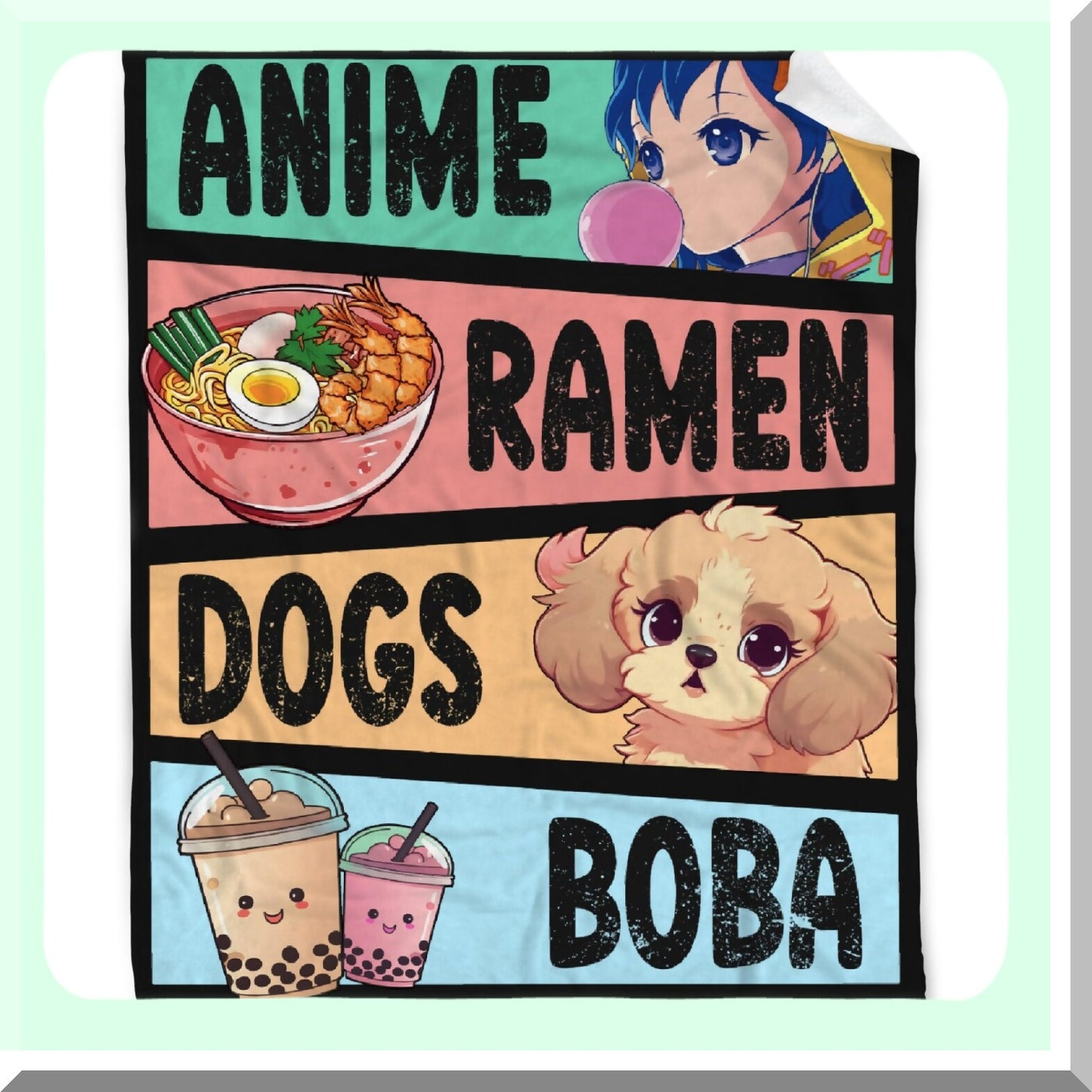 Kawaii Cozy Anime Blanket - Luxurious Flannel, Perfect Gift for Girls & Women, Warm Ramen Dogs & Boba Design, 60x80 Inch