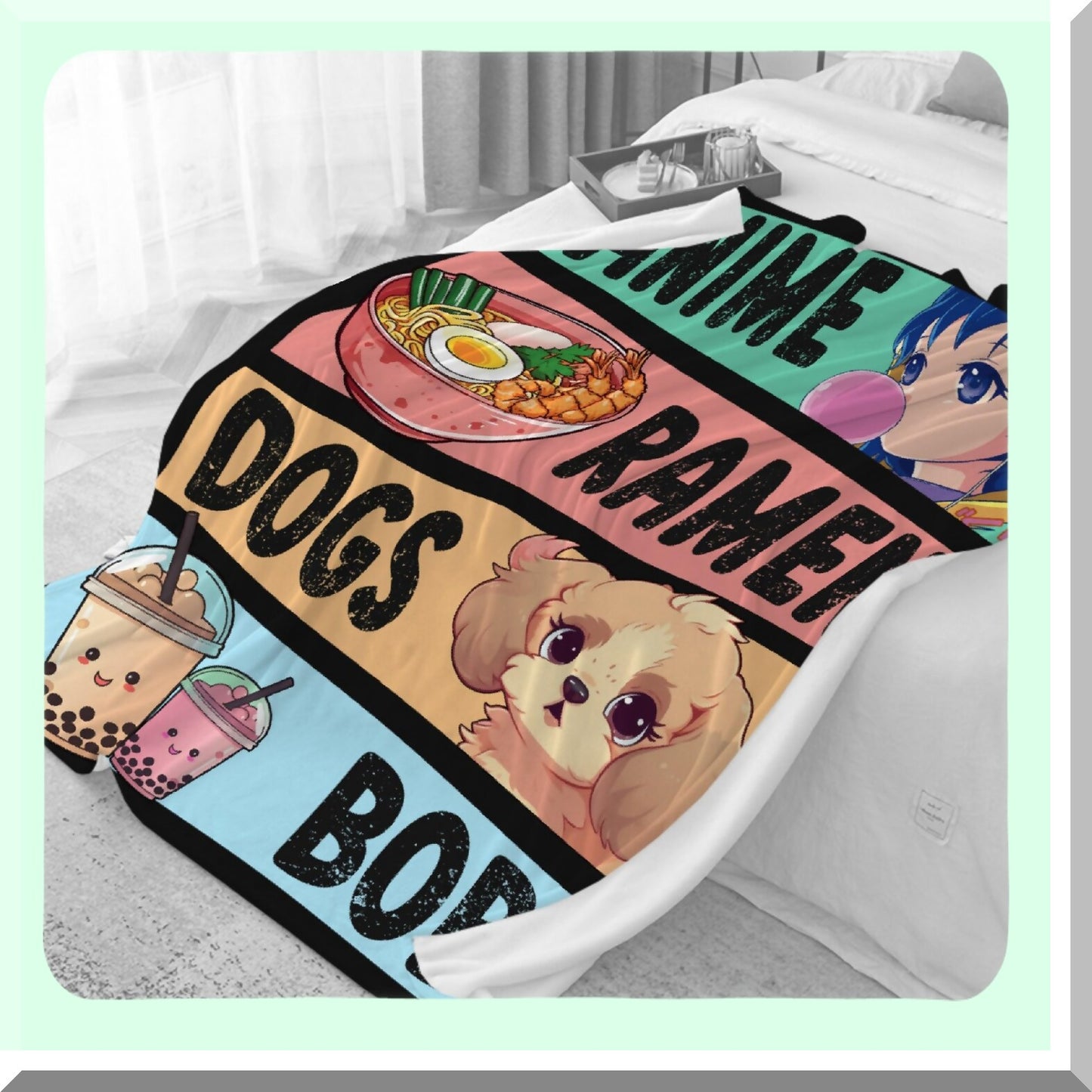 Kawaii Cozy Anime Blanket - Luxurious Flannel, Perfect Gift for Girls & Women, Warm Ramen Dogs & Boba Design, 60x80 Inch