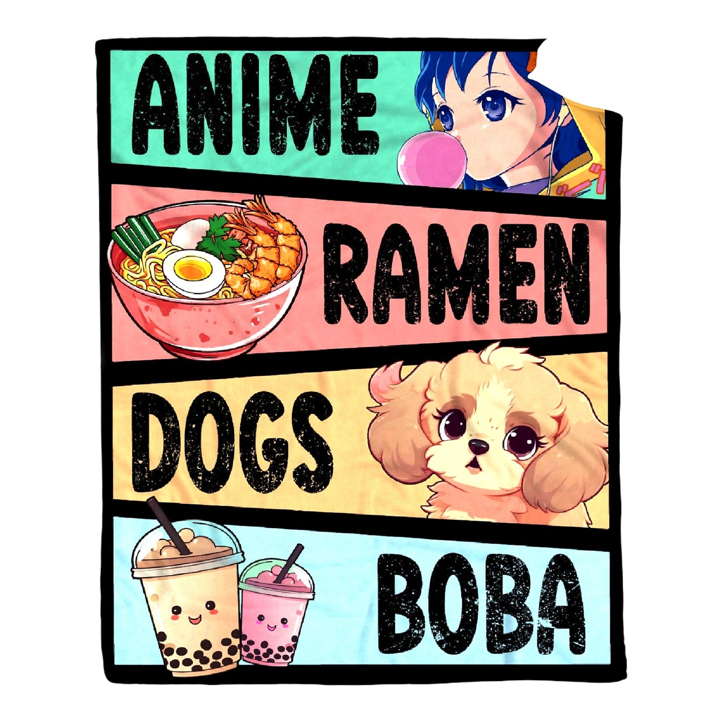 Kawaii Cozy Anime Blanket - Luxurious Flannel, Perfect Gift for Girls & Women, Warm Ramen Dogs & Boba Design, 60x80 Inch