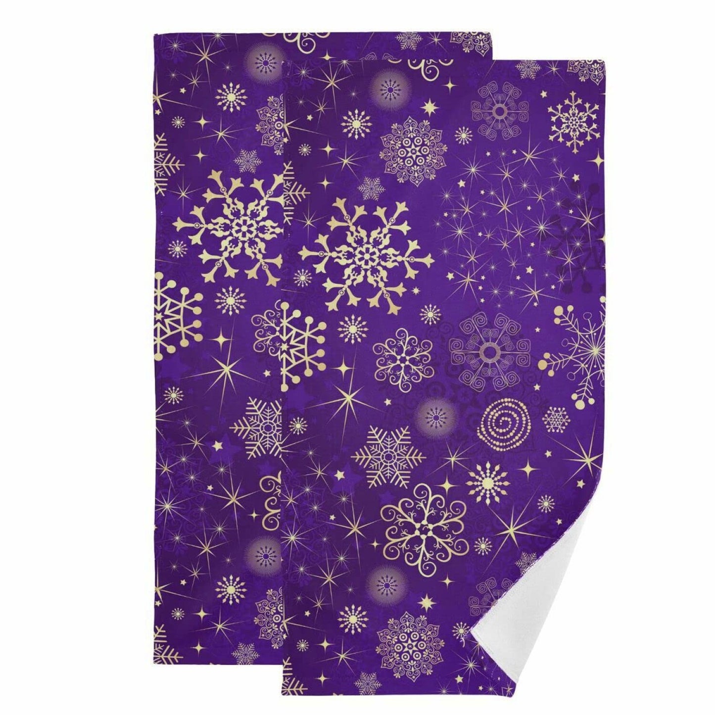 2 Pack Winter Violet Purple Hand Towels with Gold Snowflakes