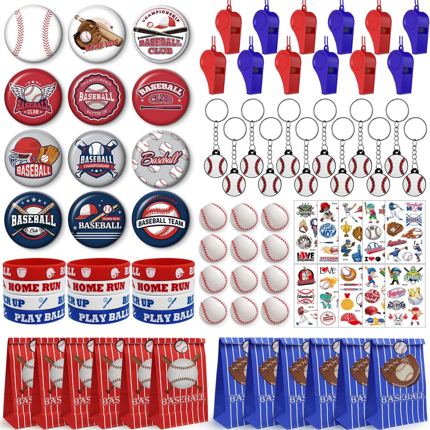 Baseball Bash Pack - Bouncy Ball, Whistle, Bracelets, Keychains, Button Pins, Gift Bags, Temporary Tattoos - Boys Kids Birthday Party Supplies for 12
