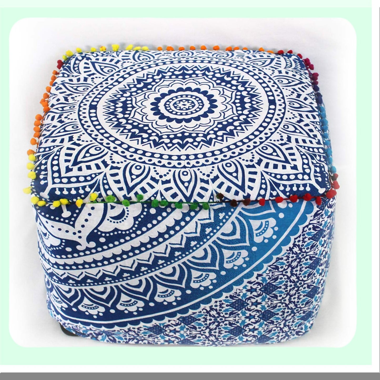 Bohemian Bliss Floor Cushion Pouf - Large Meditation Pillow Cover for Yoga Living Room Decor, Square 18X18X14 inches, Blue Ombre Pattern