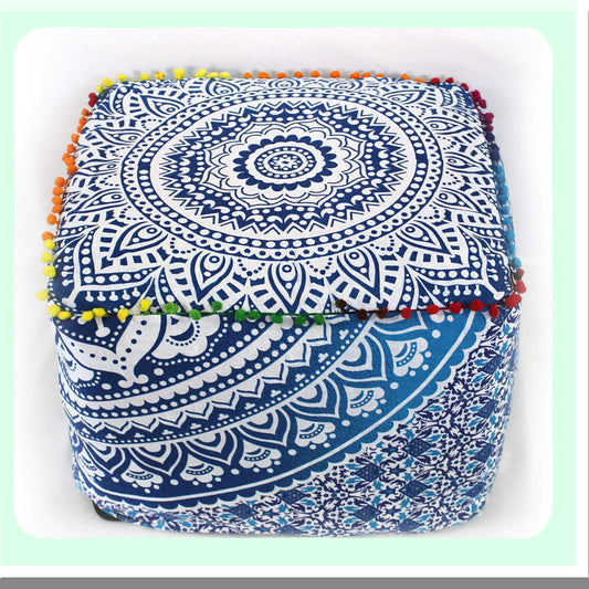 Bohemian Bliss Floor Cushion Pouf - Large Meditation Pillow Cover for Yoga Living Room Decor, Square 18X18X14 inches, Blue Ombre Pattern