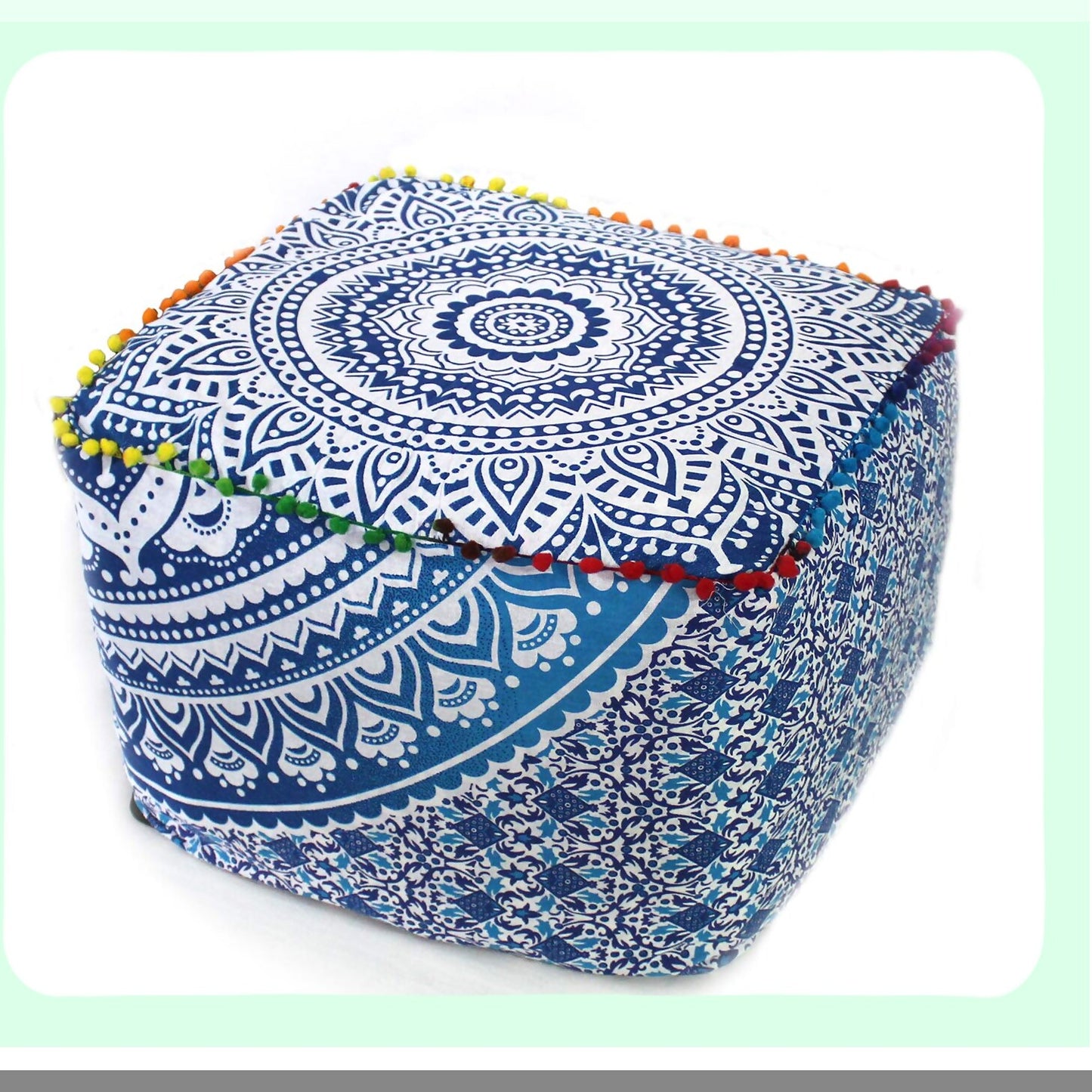 Bohemian Bliss Floor Cushion Pouf - Large Meditation Pillow Cover for Yoga Living Room Decor, Square 18X18X14 inches, Blue Ombre Pattern