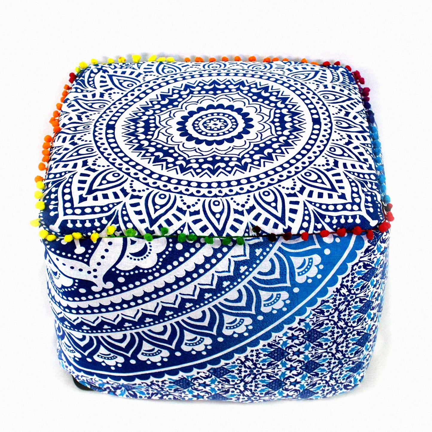 Bohemian Bliss Floor Cushion Pouf - Large Meditation Pillow Cover for Yoga Living Room Decor, Square 18X18X14 inches, Blue Ombre Pattern