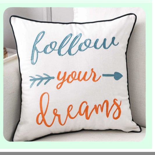 Dreamscape Embroidered Pillow Cover - 18" Square Decorative Canvas Throw Pillow Cover - Follow Your Dreams Motif - Cover Only