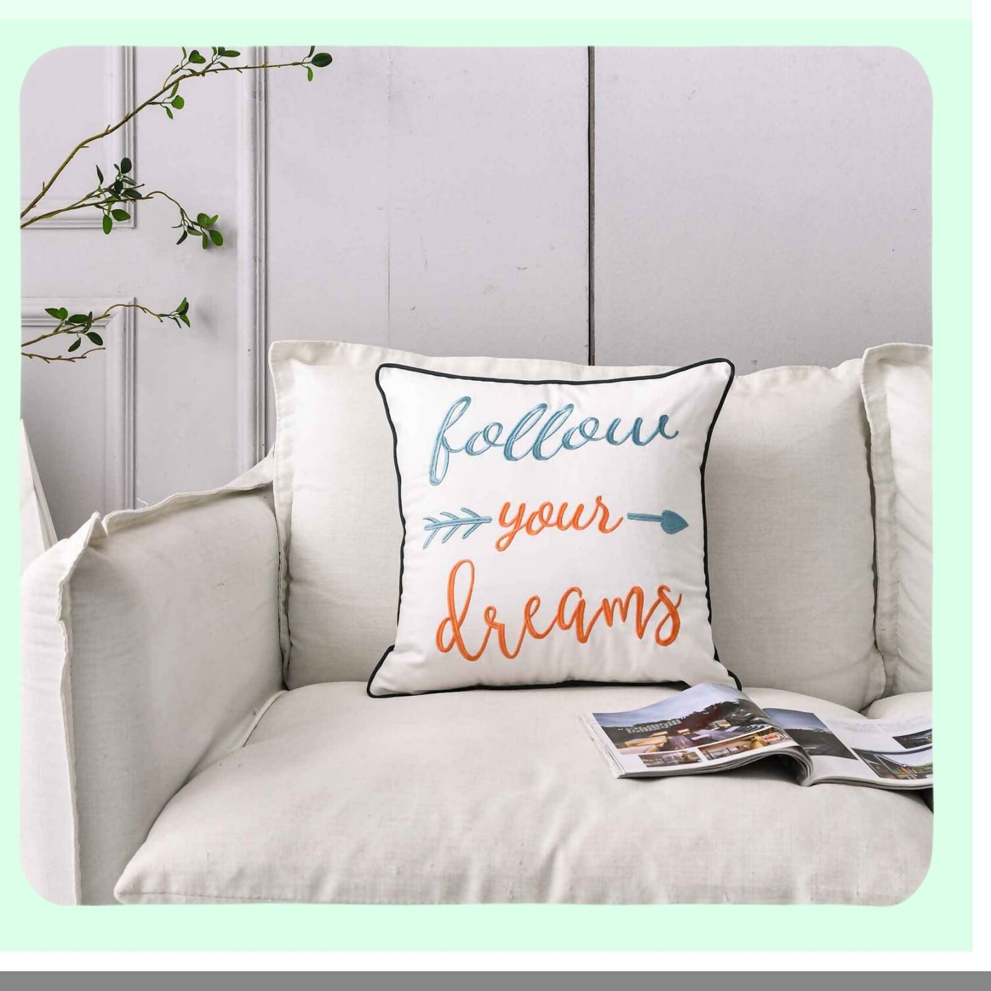 Dreamscape Embroidered Pillow Cover - 18" Square Decorative Canvas Throw Pillow Cover - Follow Your Dreams Motif - Cover Only