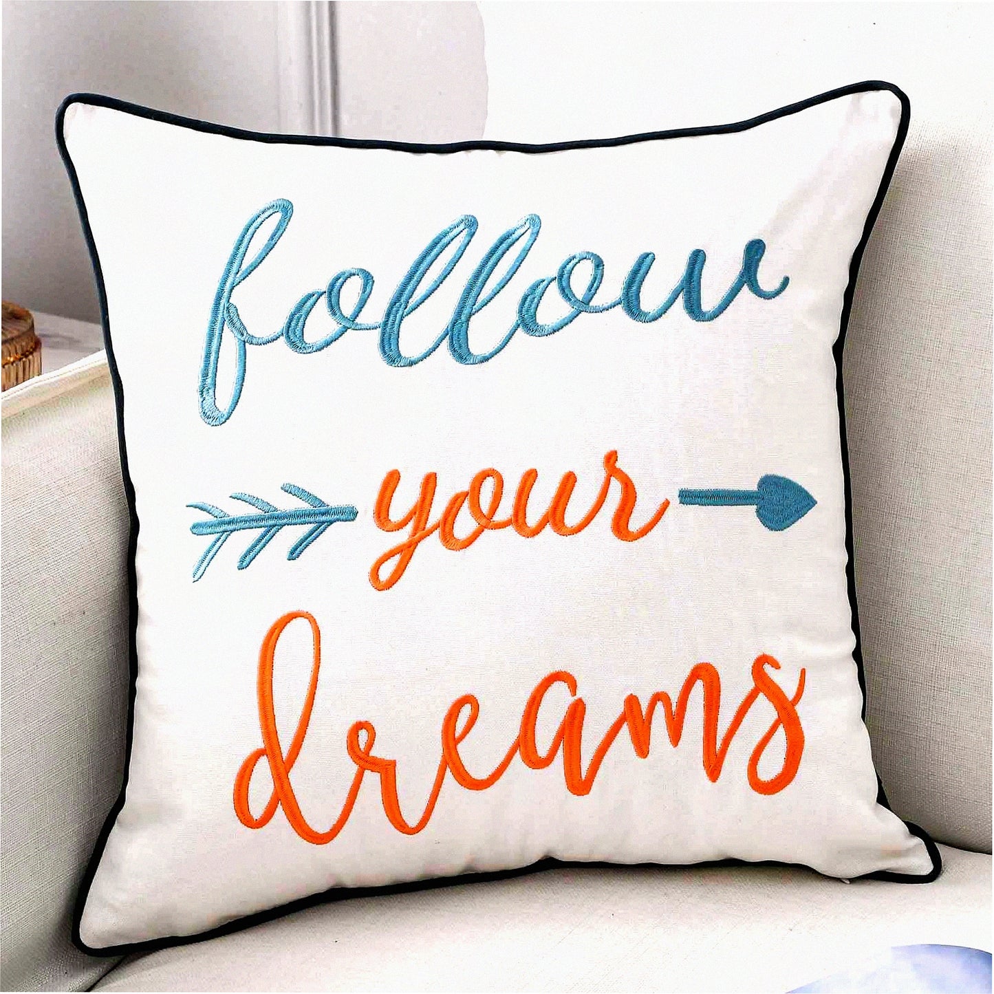 Dreamscape Embroidered Pillow Cover - 18" Square Decorative Canvas Throw Pillow Cover - Follow Your Dreams Motif - Cover Only