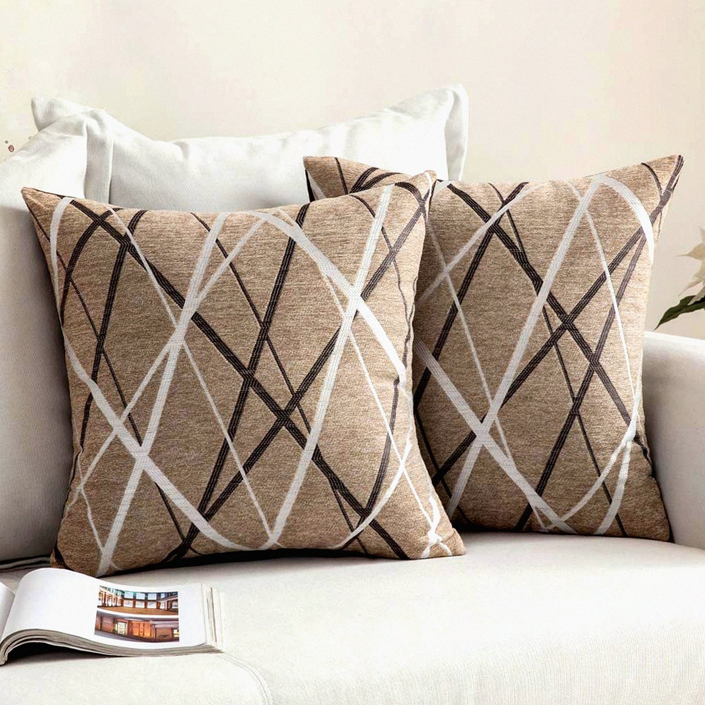 Chenille Cozy Textured Pillow Covers - Set of 2 Modern Square Cushion Shams for Bedroom Sofa Car - Soft Light Tan Decorative Throw - 24 x 24 Inch