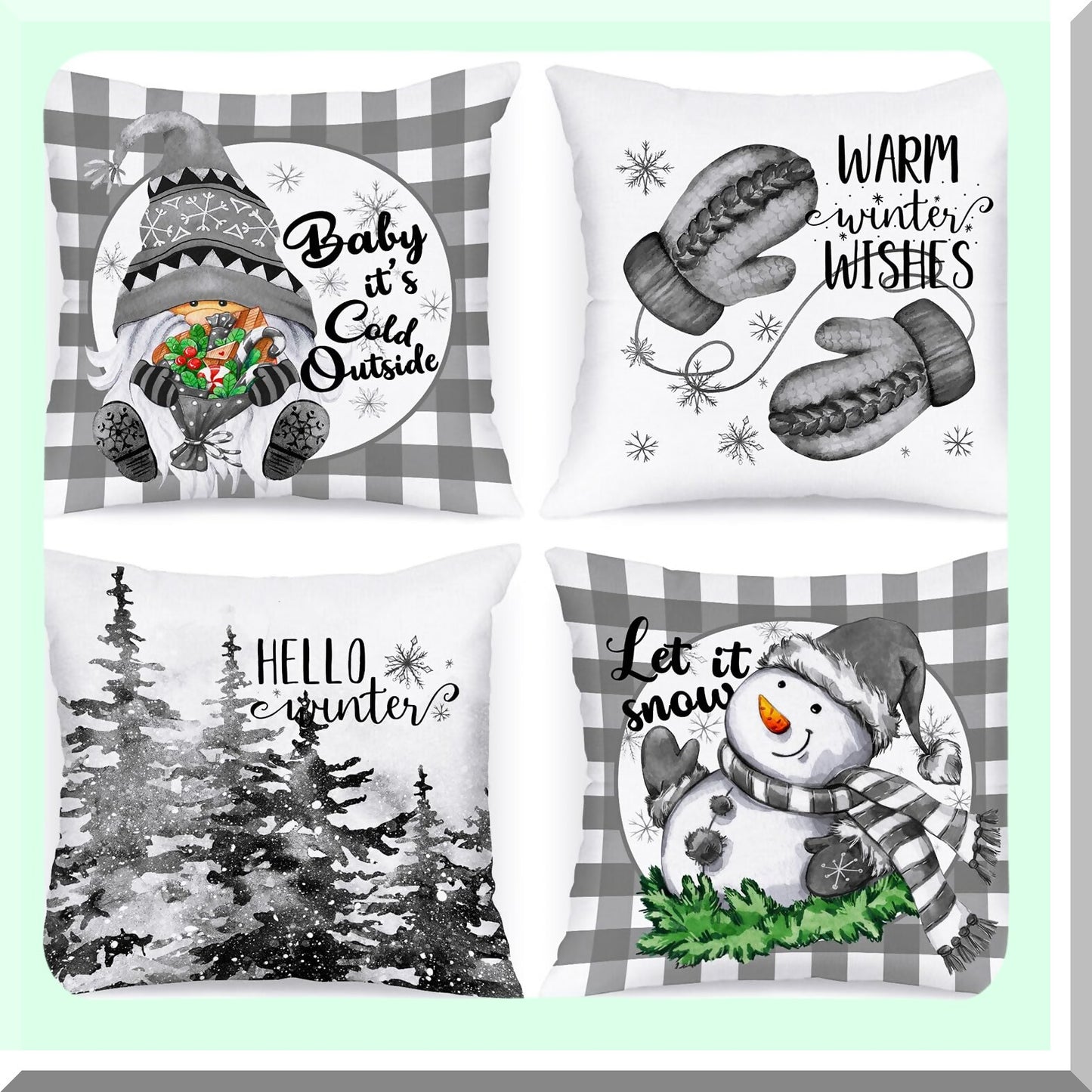 Holiday Gnome Snowman Pillow Cover Set - 18x18 Decorative Cushion Case for Indoor Home Sofa Couch Xmas Decor - Grey - Pack of 4