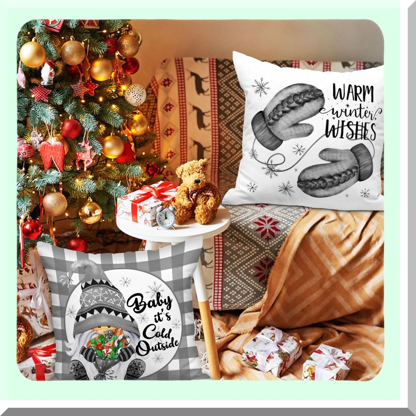 Holiday Gnome Snowman Pillow Cover Set - 18x18 Decorative Cushion Case for Indoor Home Sofa Couch Xmas Decor - Grey - Pack of 4