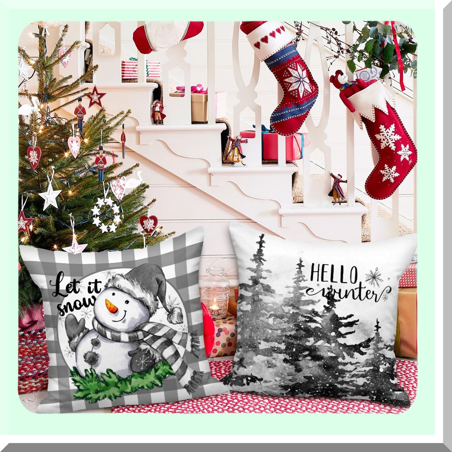 Holiday Gnome Snowman Pillow Cover Set - 18x18 Decorative Cushion Case for Indoor Home Sofa Couch Xmas Decor - Grey - Pack of 4