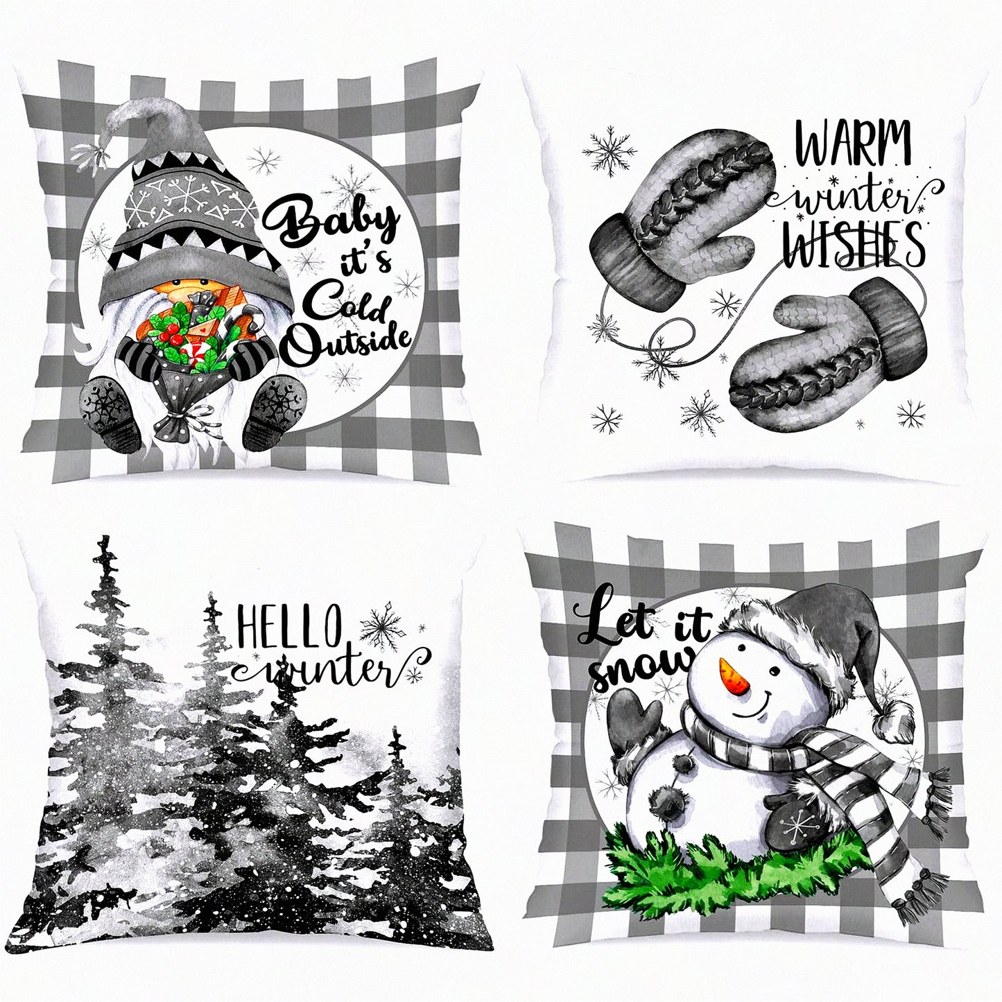 Holiday Gnome Snowman Pillow Cover Set - 18x18 Decorative Cushion Case for Indoor Home Sofa Couch Xmas Decor - Grey - Pack of 4