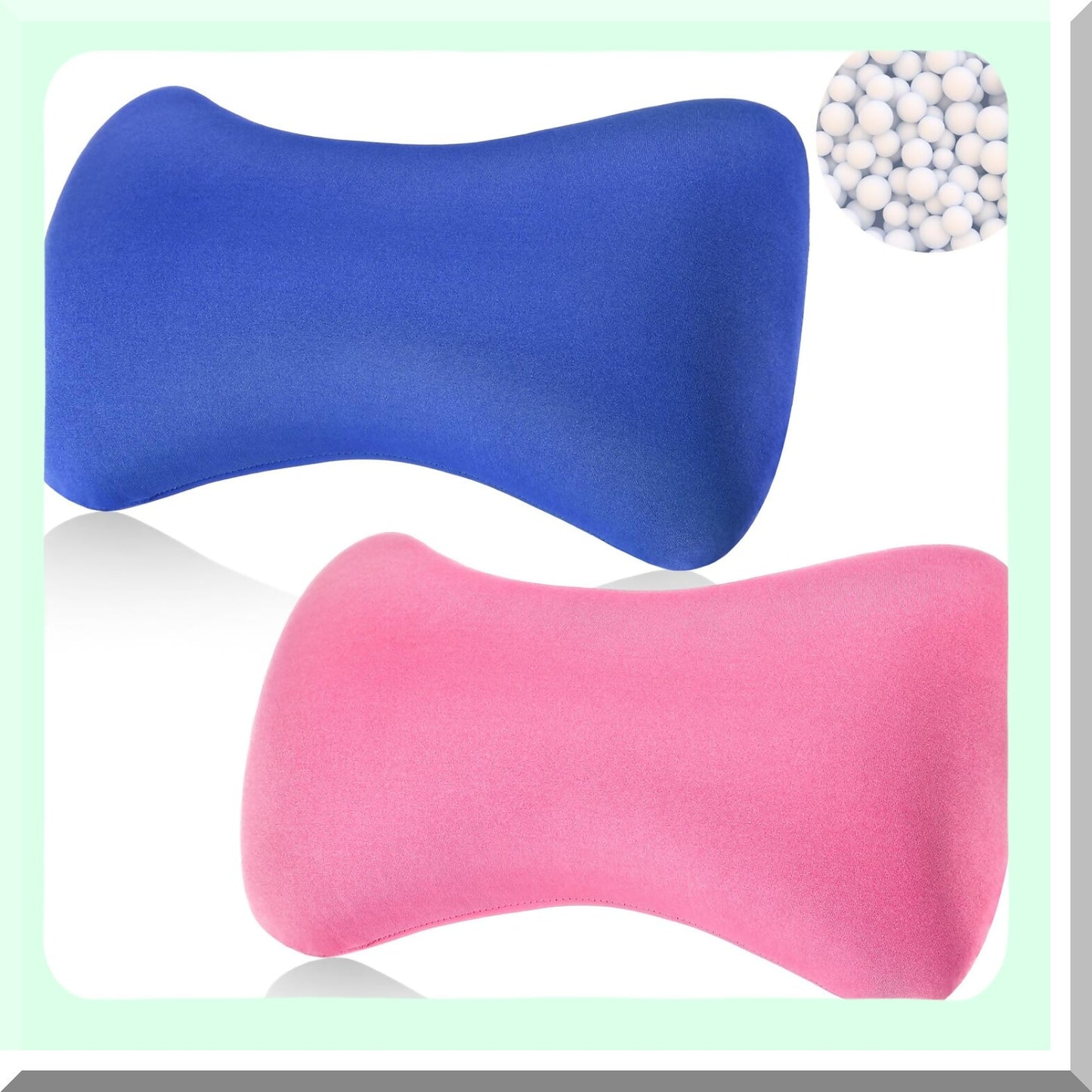 ComfortBead Neck Support Duo - 2 Pack Bone Headrest Pillows for Adults. Soft Cushion Microbead Bolster Pillows for Back Sleeping on Home Sofa, Bed, or Travel. Pink & Blue Options.