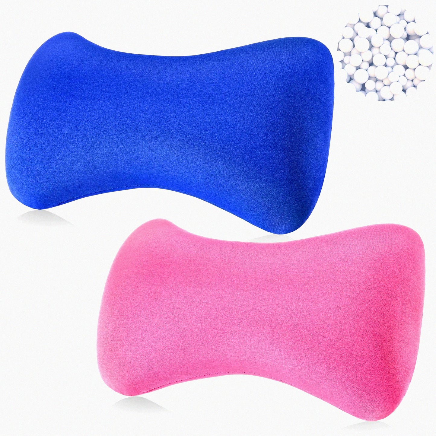 ComfortBead Neck Support Duo - 2 Pack Bone Headrest Pillows for Adults. Soft Cushion Microbead Bolster Pillows for Back Sleeping on Home Sofa, Bed, or Travel. Pink & Blue Options.