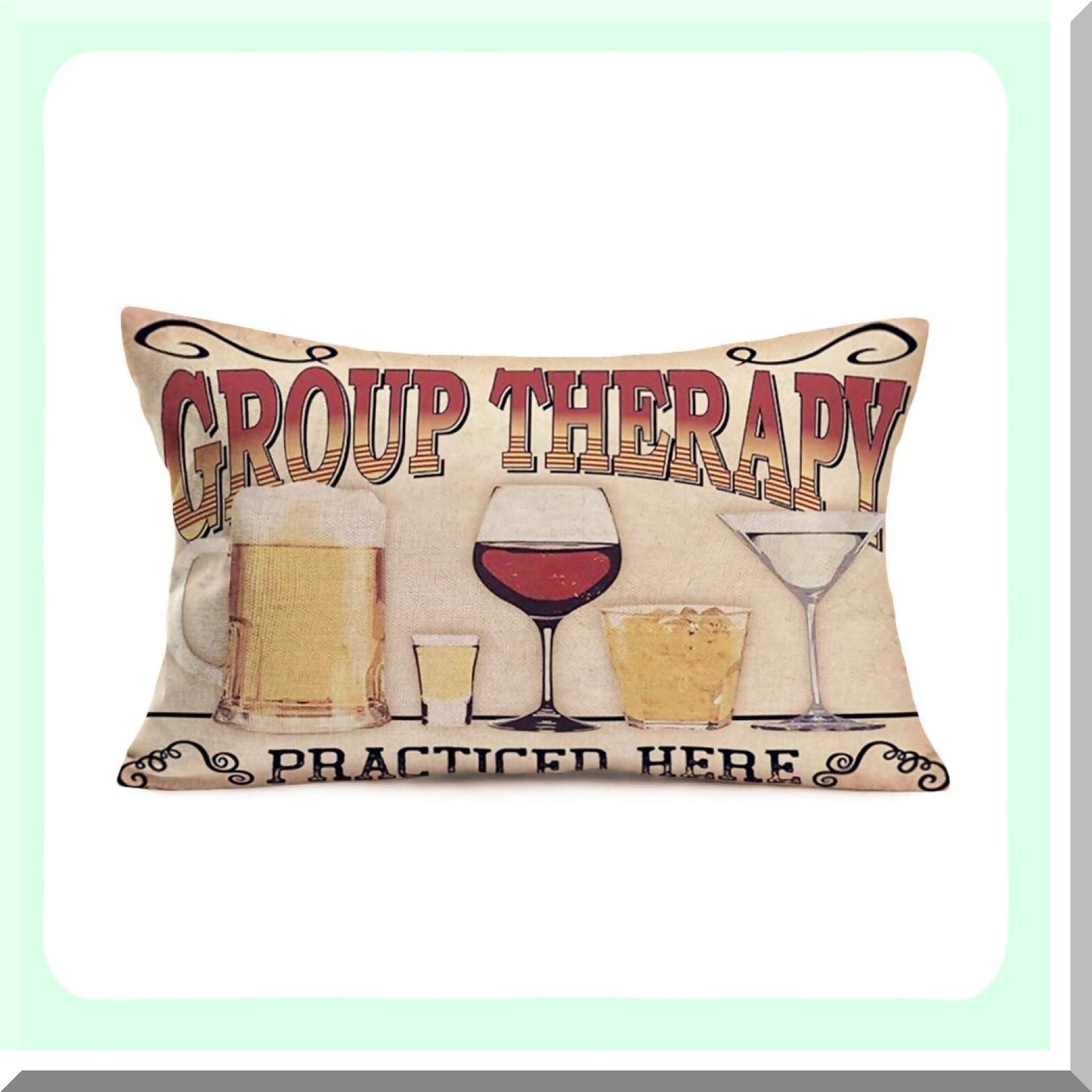 Wine Therapy Lumbar Pillow Cover - Beer Lover Gifts 12x20 Rectangle Cushion for Home Bar Decor. Cotton Linen Waist Throw Pillow Case for Bed or Chair.