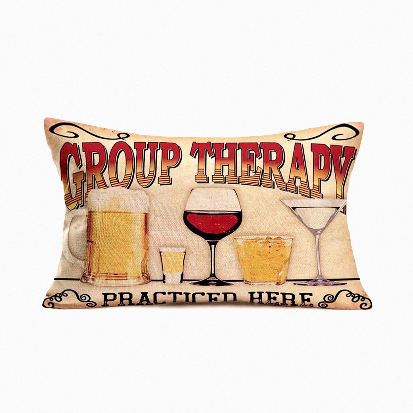 Wine Therapy Lumbar Pillow Cover - Beer Lover Gifts 12x20 Rectangle Cushion for Home Bar Decor. Cotton Linen Waist Throw Pillow Case for Bed or Chair.