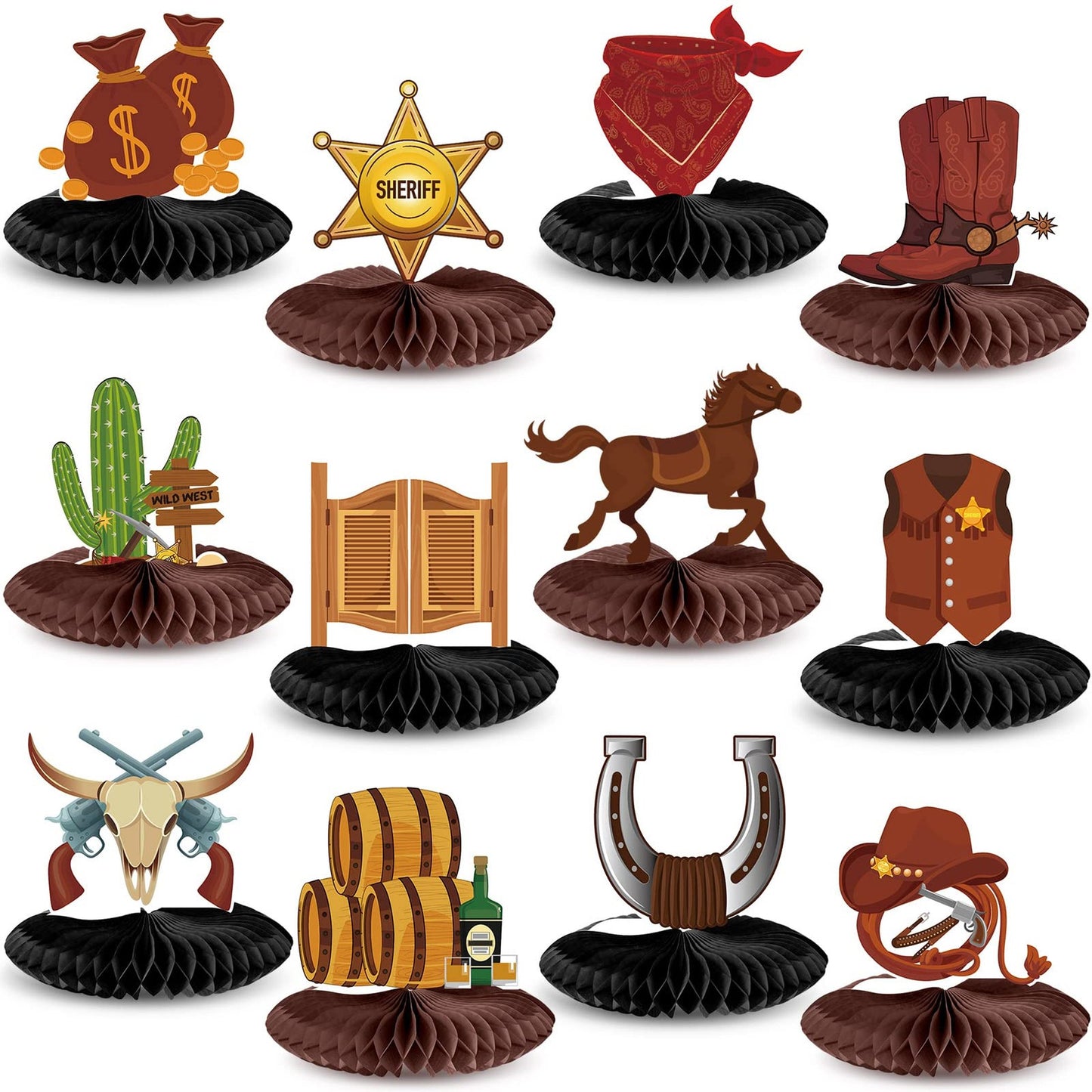 Cowboy Wild West Table Decor Set - 12 Piece Western Theme Party Centerpieces & Honeycomb Decorations for Birthday, Baby Shower, and more!
