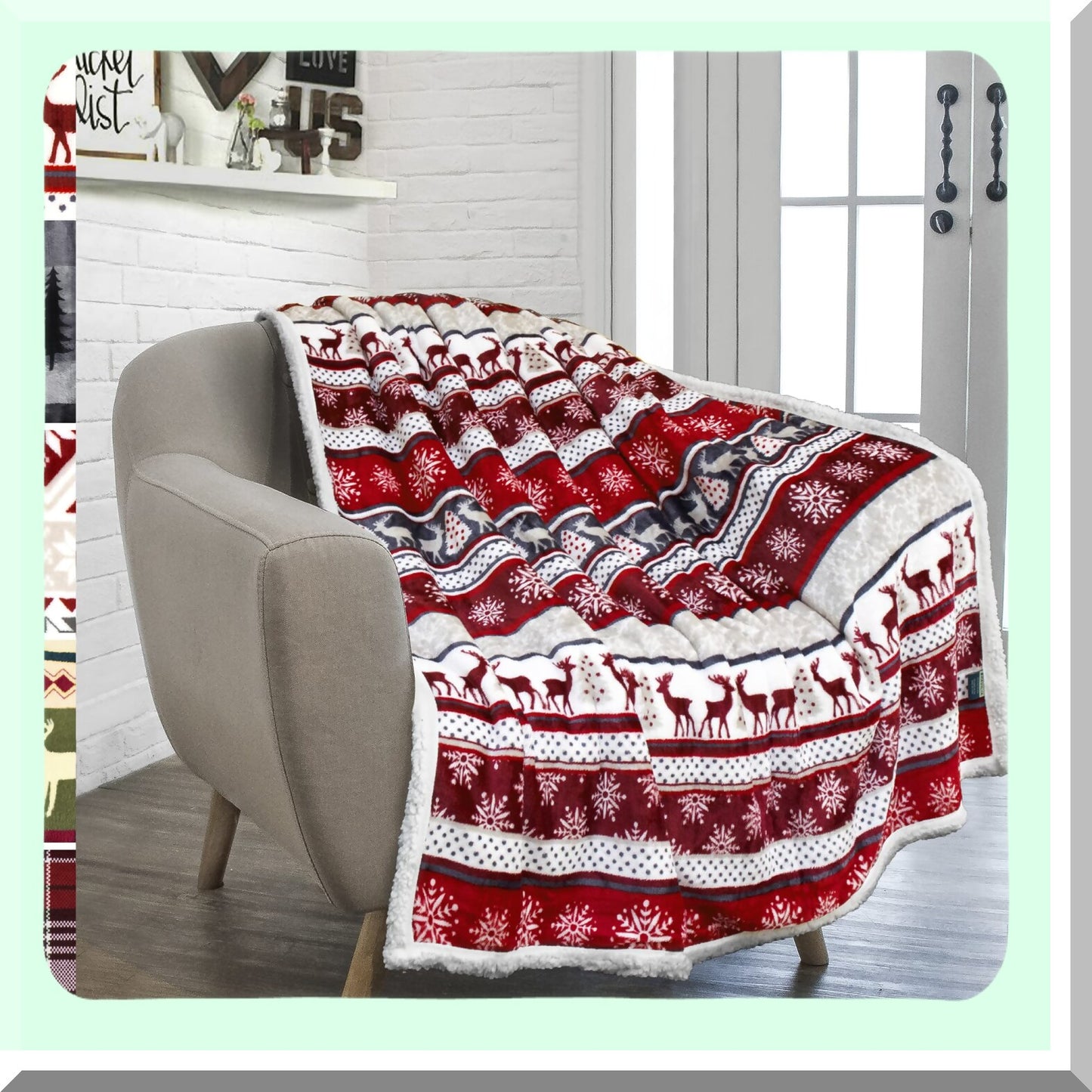 CozyReindeer Sherpa Throw: Plush, Warm & Reversible Holiday Blanket 50x60