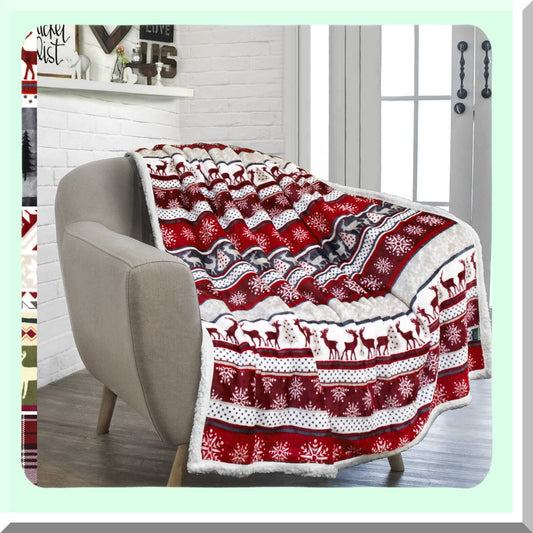 CozyReindeer Sherpa Throw: Plush, Warm & Reversible Holiday Blanket 50x60