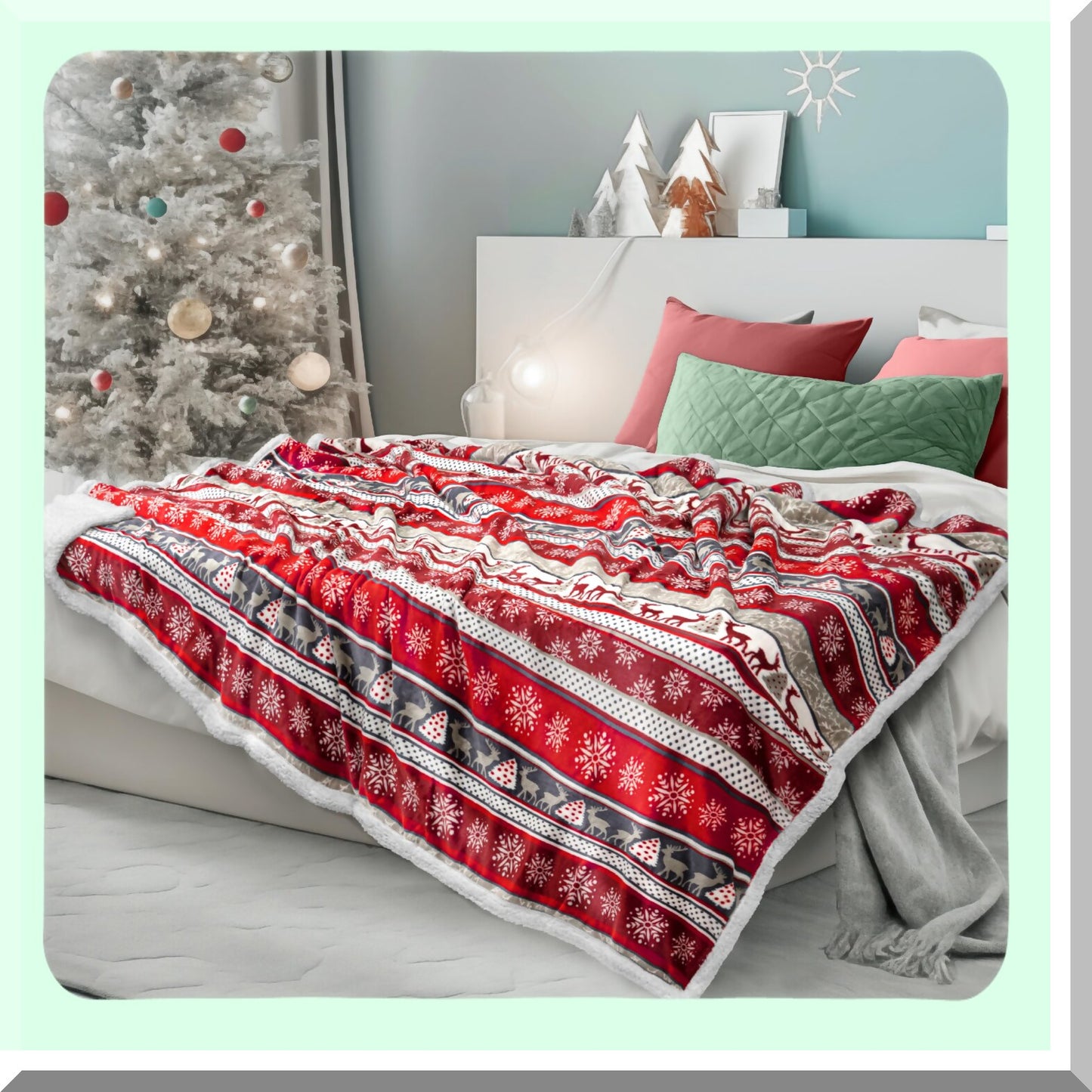CozyReindeer Sherpa Throw: Plush, Warm & Reversible Holiday Blanket 50x60