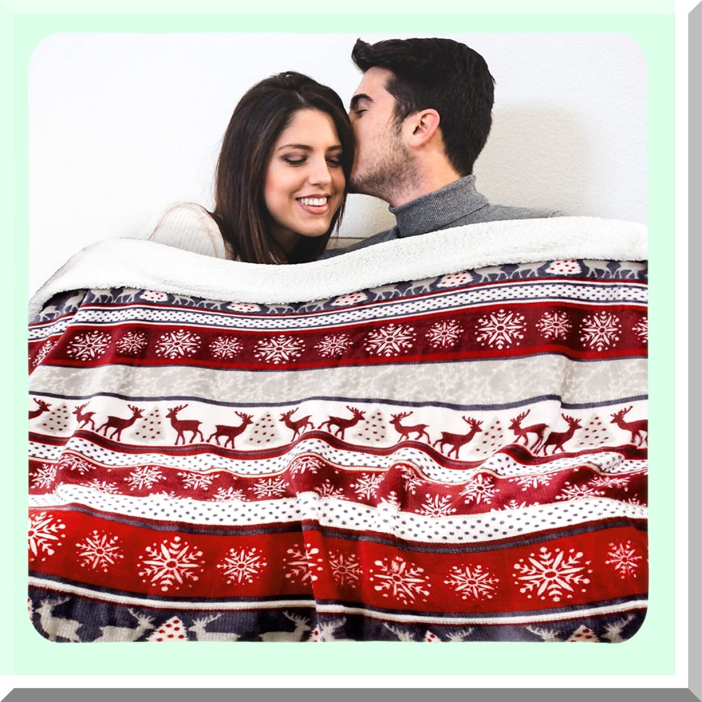 CozyReindeer Sherpa Throw: Plush, Warm & Reversible Holiday Blanket 50x60