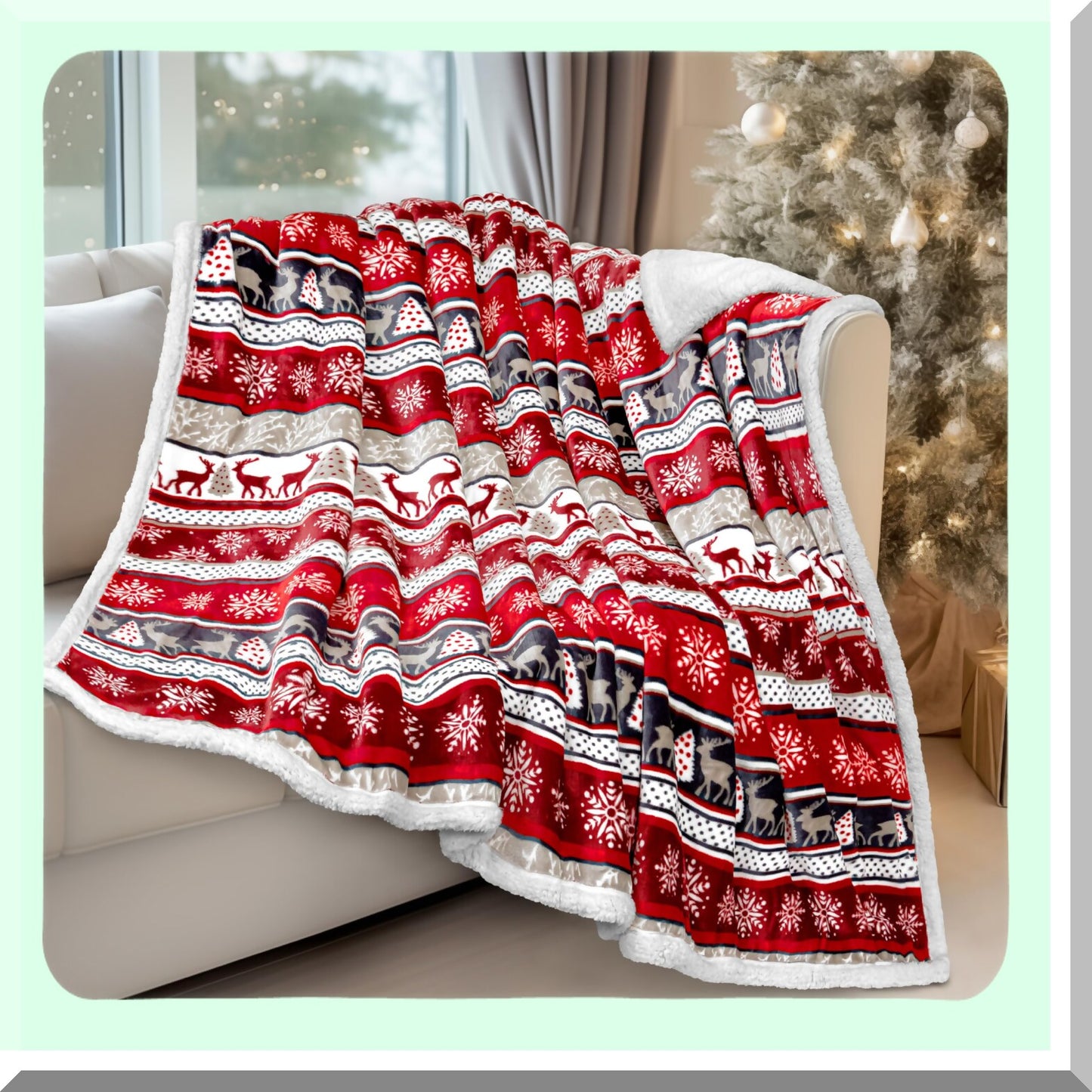 CozyReindeer Sherpa Throw: Plush, Warm & Reversible Holiday Blanket 50x60
