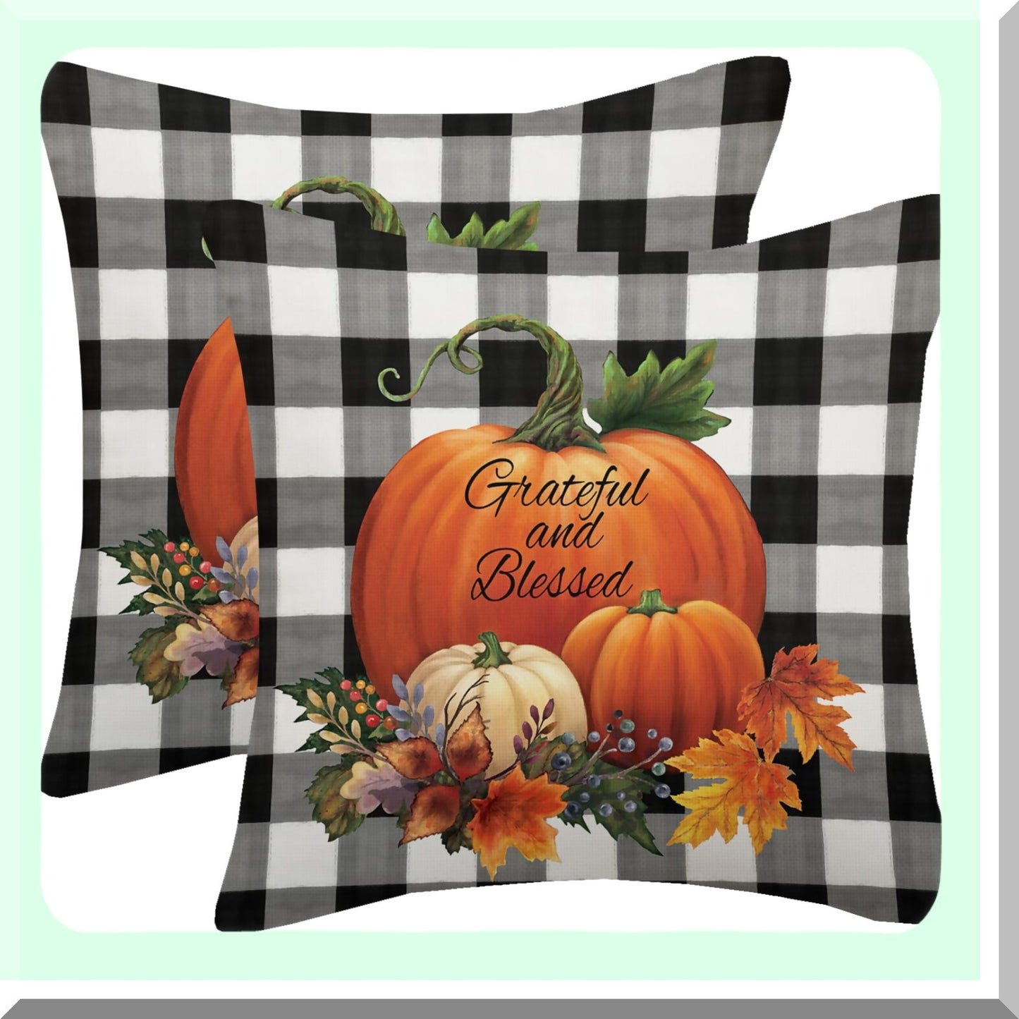 Watercolor Harvest Pillow Covers - Set of 2, Autumn Buffalo Plaid Pumpkin Throw Pillows - Linen Farmhouse Thanksgiving Decor - Outdoor Cushion Case for Home Sofa & Living Room - 18x18