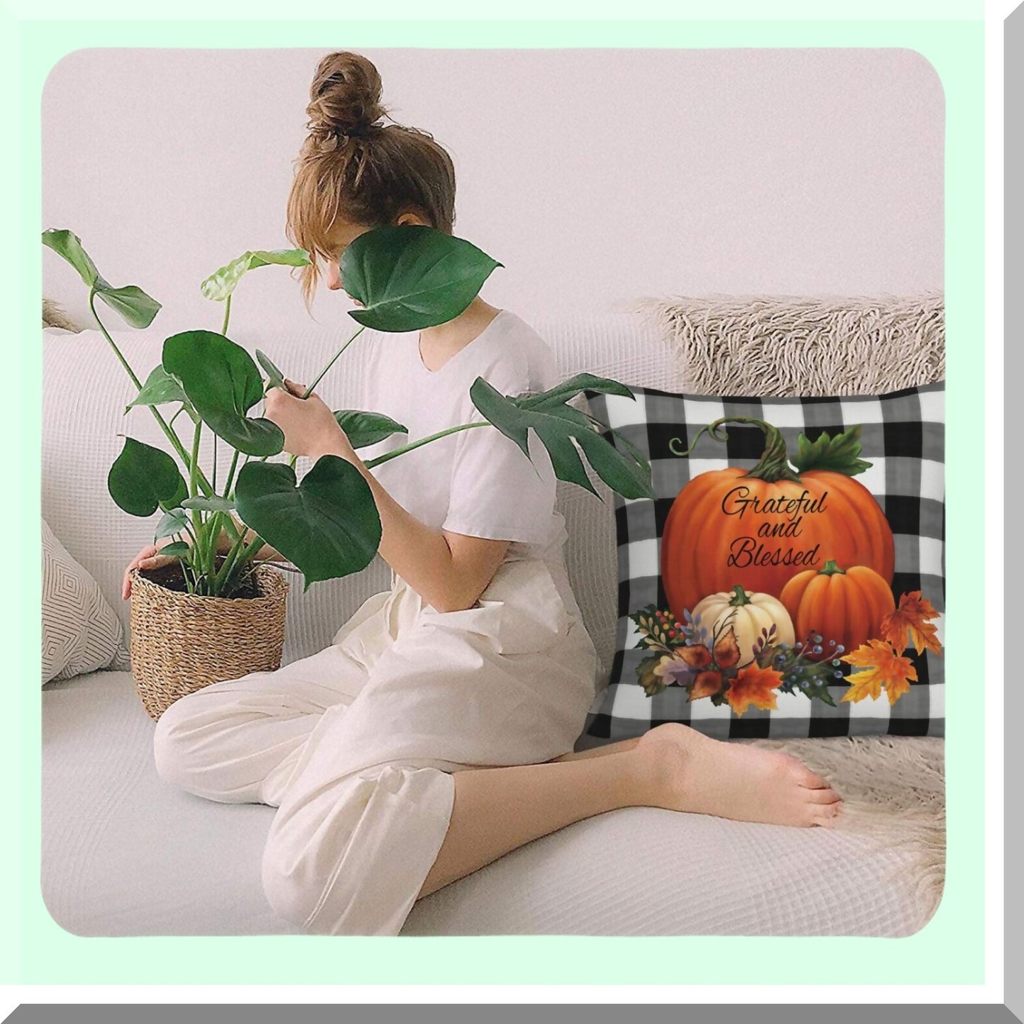 Watercolor Harvest Pillow Covers - Set of 2, Autumn Buffalo Plaid Pumpkin Throw Pillows - Linen Farmhouse Thanksgiving Decor - Outdoor Cushion Case for Home Sofa & Living Room - 18x18