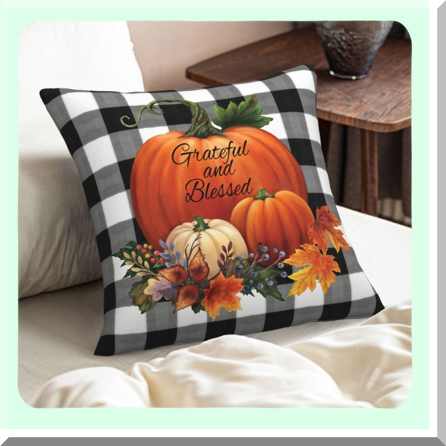 Watercolor Harvest Pillow Covers - Set of 2, Autumn Buffalo Plaid Pumpkin Throw Pillows - Linen Farmhouse Thanksgiving Decor - Outdoor Cushion Case for Home Sofa & Living Room - 18x18