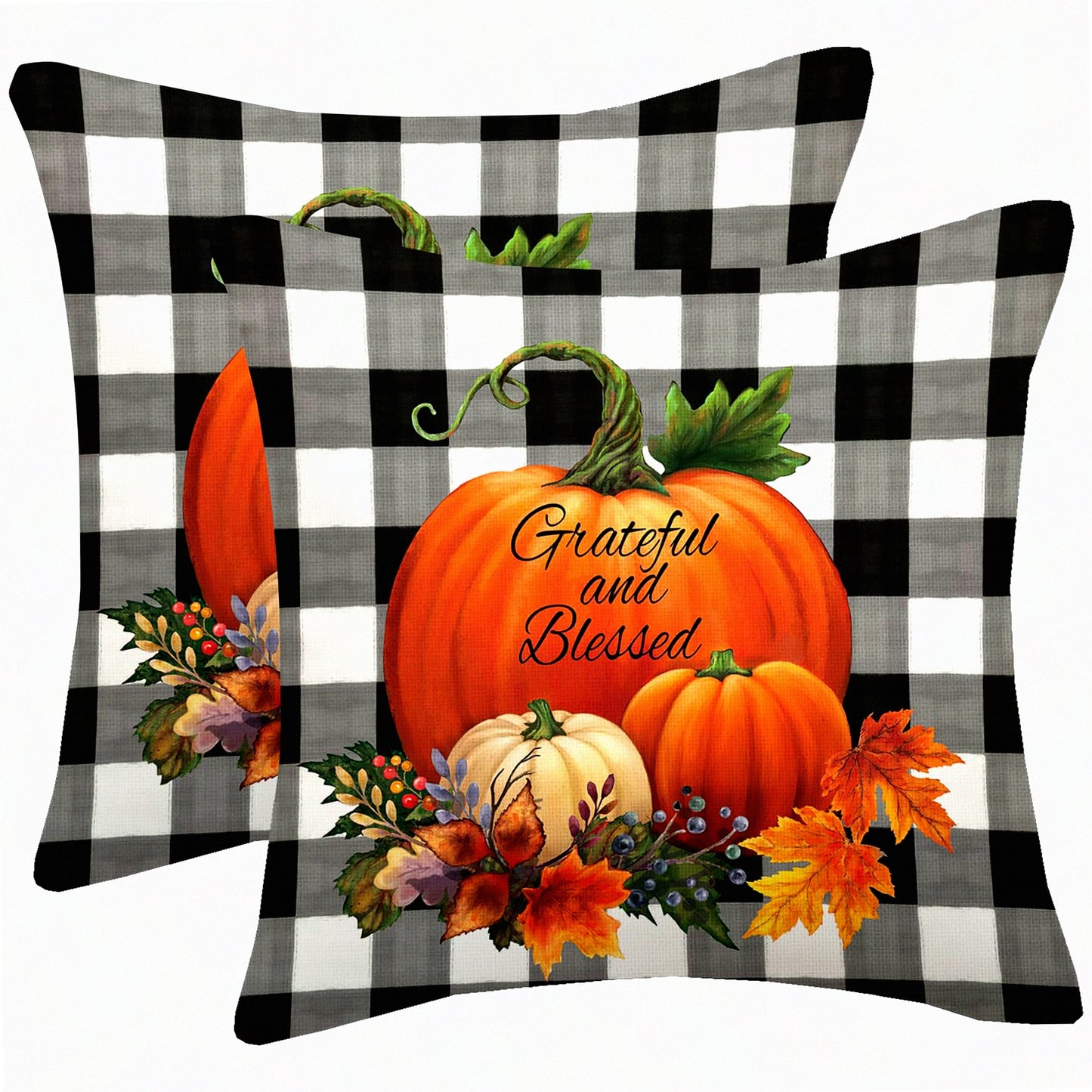 Watercolor Harvest Pillow Covers - Set of 2, Autumn Buffalo Plaid Pumpkin Throw Pillows - Linen Farmhouse Thanksgiving Decor - Outdoor Cushion Case for Home Sofa & Living Room - 18x18