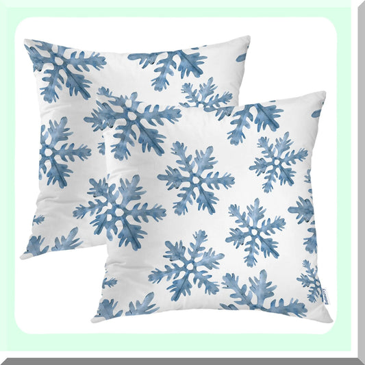 Snowflake Bliss Pillow Covers - Set of 2 | Winter Decorative Throw Pillow Cases 18x18 inch | Blue Snow with Falling White Crystals | Double Sided Sofa Cushion Cover