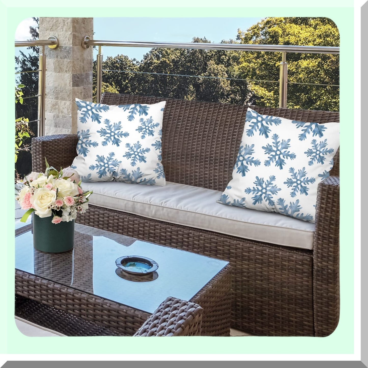 Snowflake Bliss Pillow Covers - Set of 2 | Winter Decorative Throw Pillow Cases 18x18 inch | Blue Snow with Falling White Crystals | Double Sided Sofa Cushion Cover