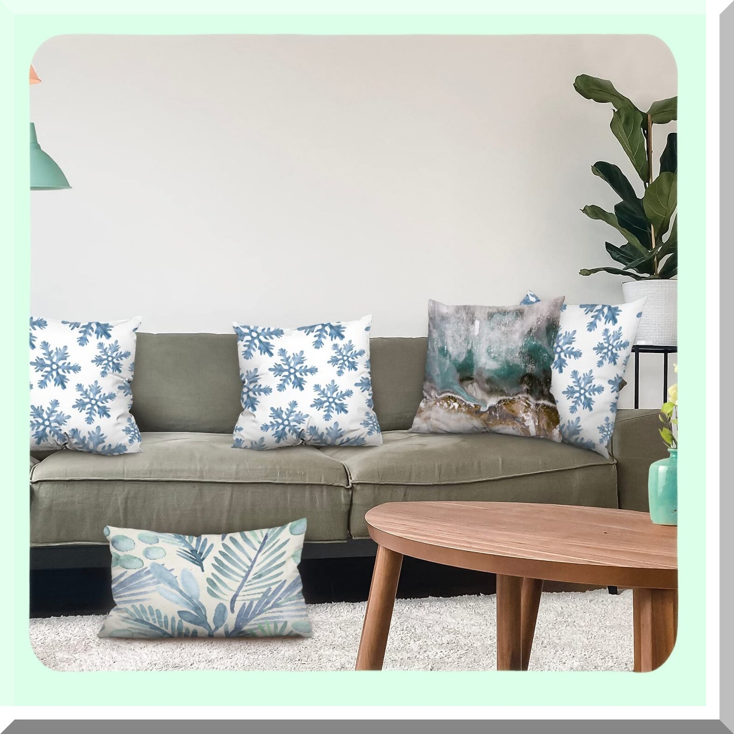 Snowflake Bliss Pillow Covers - Set of 2 | Winter Decorative Throw Pillow Cases 18x18 inch | Blue Snow with Falling White Crystals | Double Sided Sofa Cushion Cover