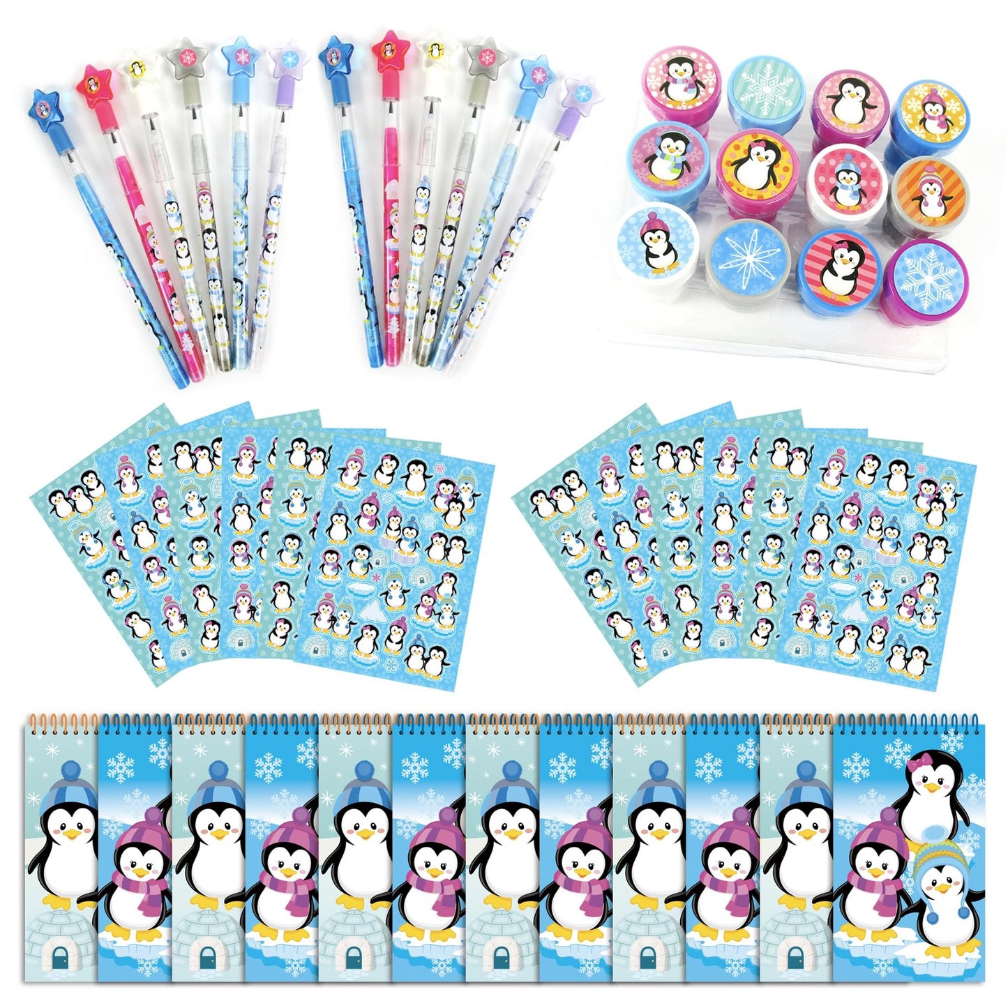 Arctic Fun Party Pack - Includes 12 multi-point pencils, stampers, sticker sheets, and small spiral notepads. Perfect for winter birthday parties and classrooms!