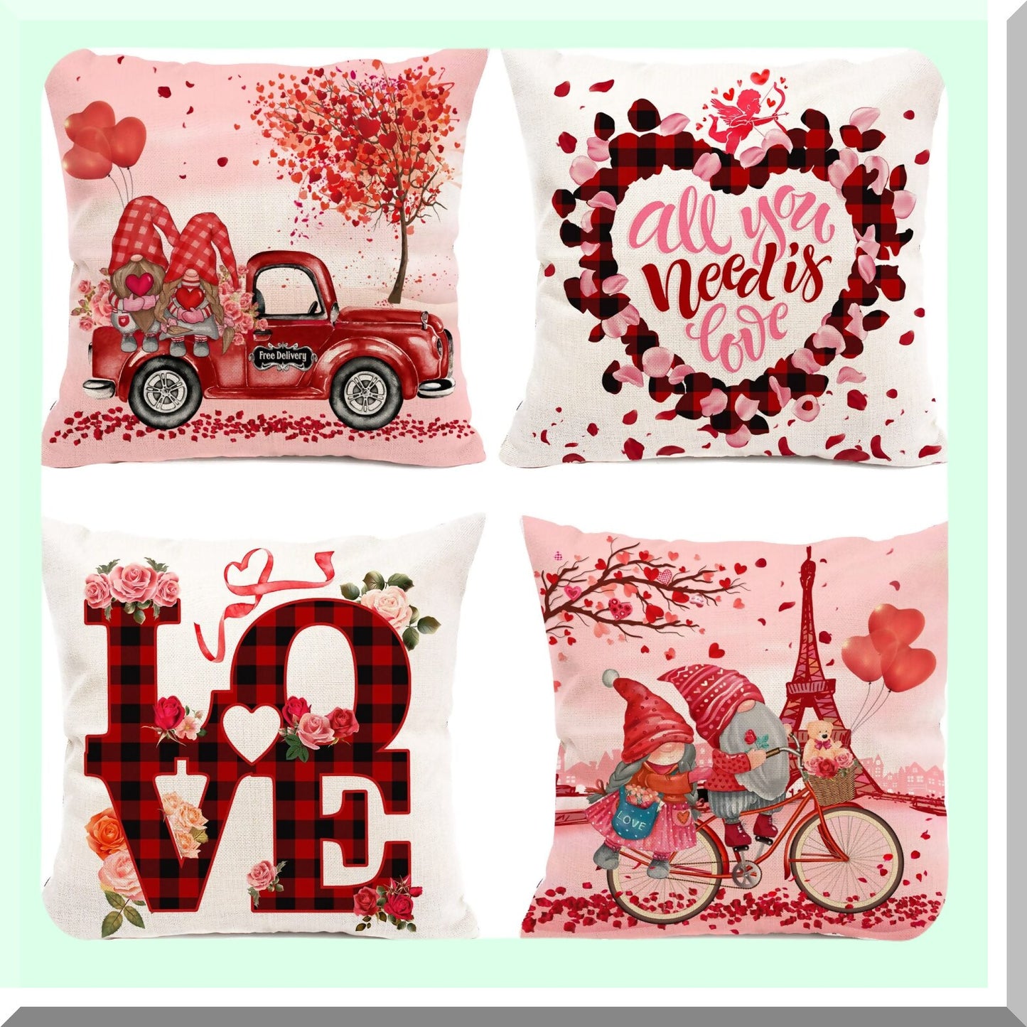Valentine's Gnome Truck Pillow Covers - Set of 4 | Farmhouse Decorative Throw Pillow Covers 18x18 | Soft Pink Cushion Covers for Couch & Outdoor Home Décor