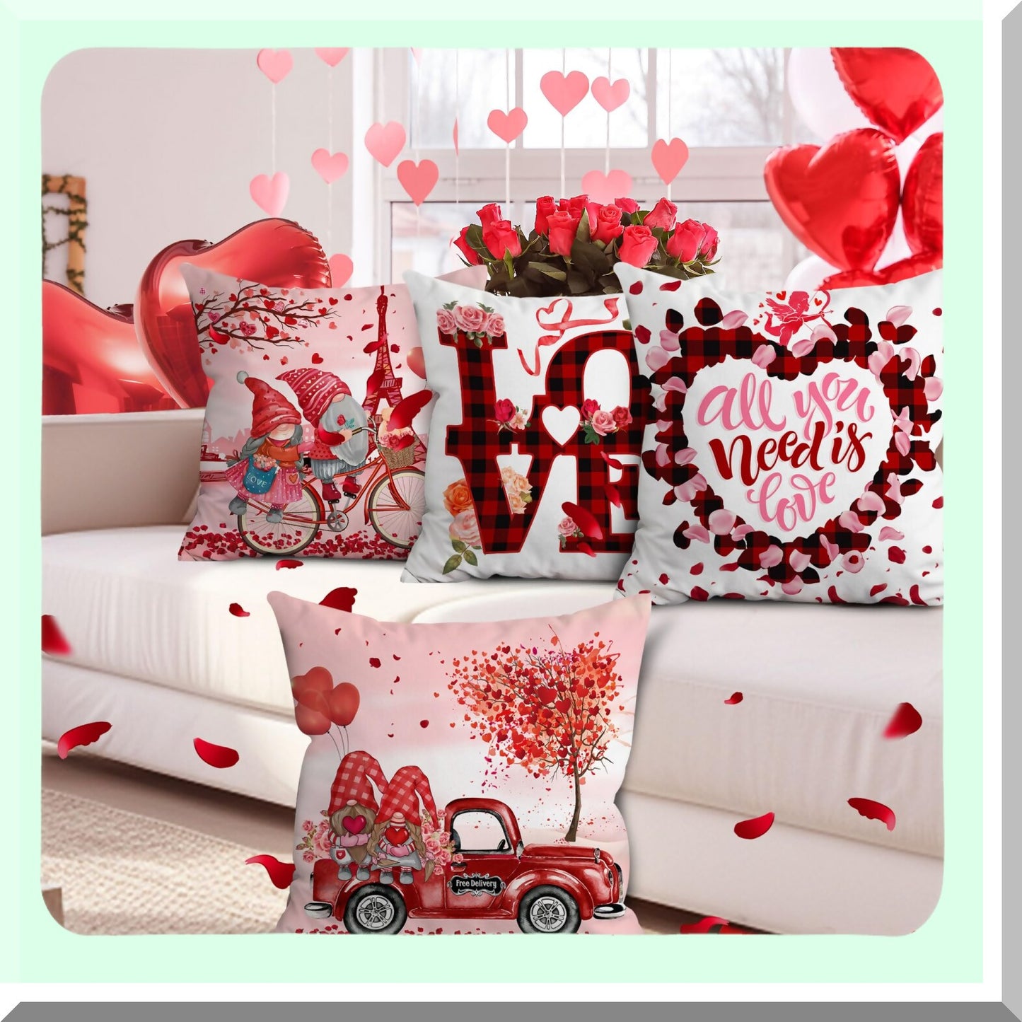 Valentine's Gnome Truck Pillow Covers - Set of 4 | Farmhouse Decorative Throw Pillow Covers 18x18 | Soft Pink Cushion Covers for Couch & Outdoor Home Décor