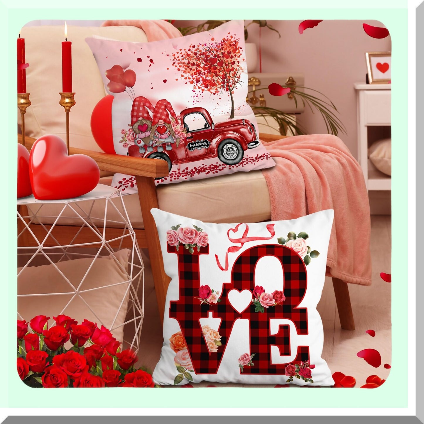 Valentine's Gnome Truck Pillow Covers - Set of 4 | Farmhouse Decorative Throw Pillow Covers 18x18 | Soft Pink Cushion Covers for Couch & Outdoor Home Décor