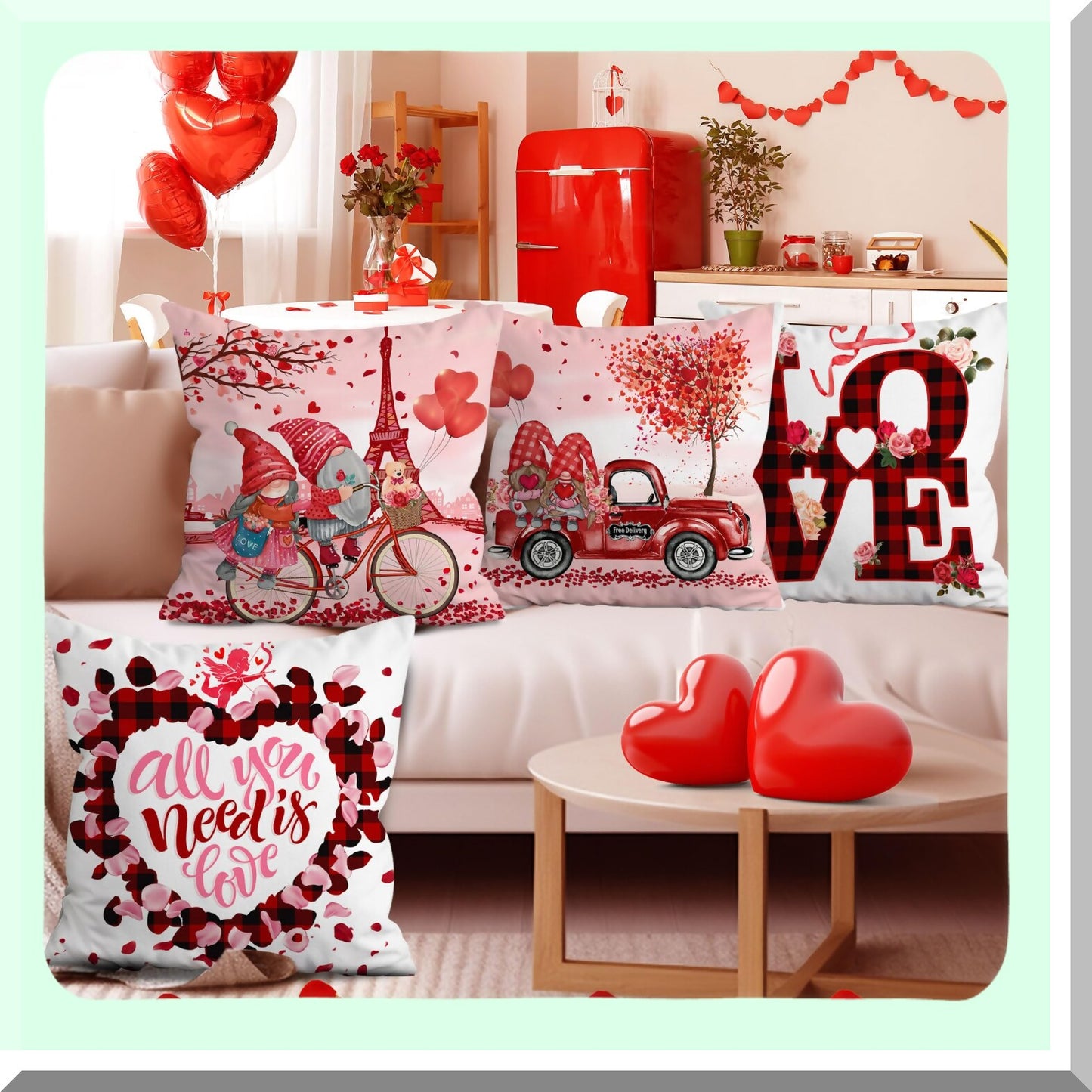 Valentine's Gnome Truck Pillow Covers - Set of 4 | Farmhouse Decorative Throw Pillow Covers 18x18 | Soft Pink Cushion Covers for Couch & Outdoor Home Décor