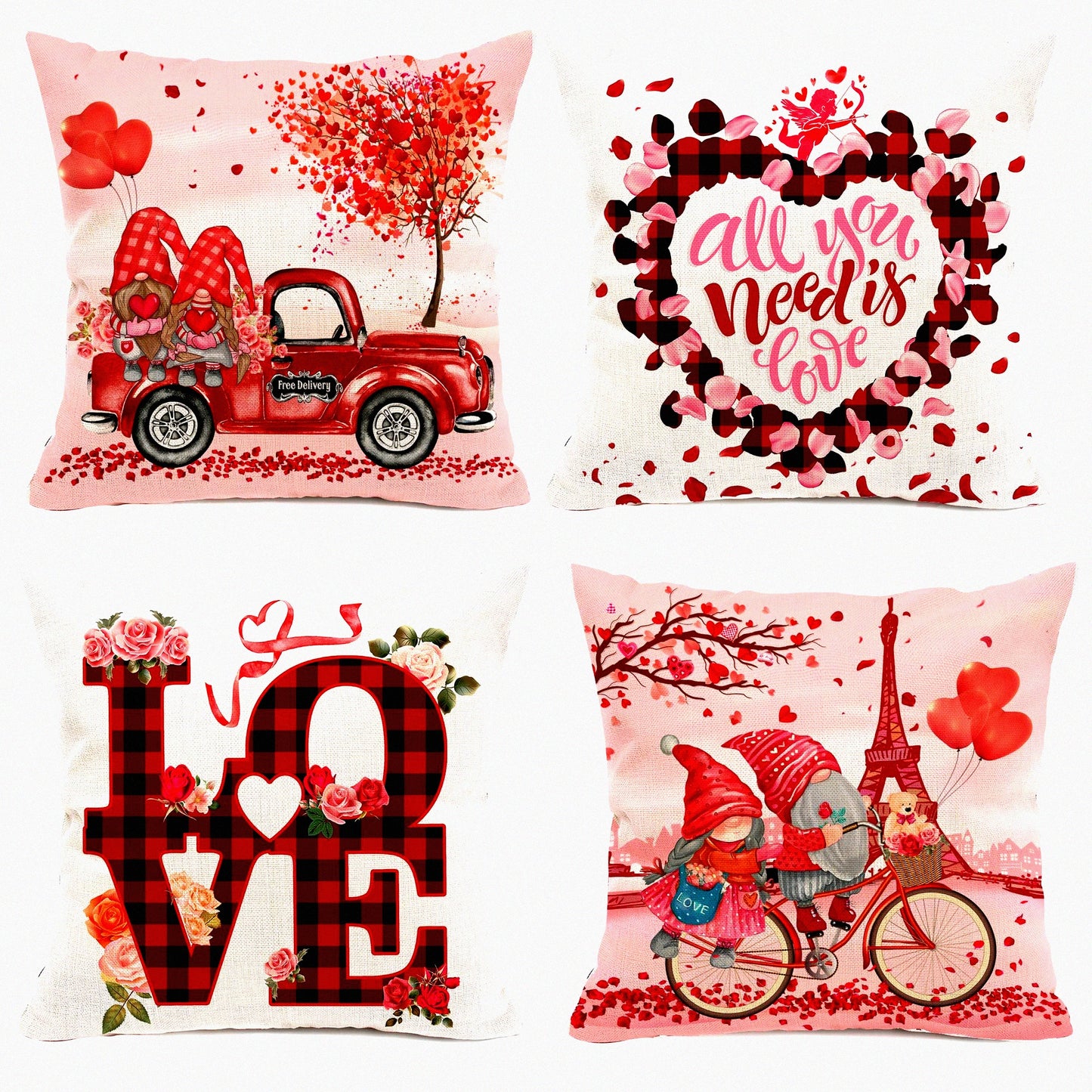Valentine's Gnome Truck Pillow Covers - Set of 4 | Farmhouse Decorative Throw Pillow Covers 18x18 | Soft Pink Cushion Covers for Couch & Outdoor Home Décor