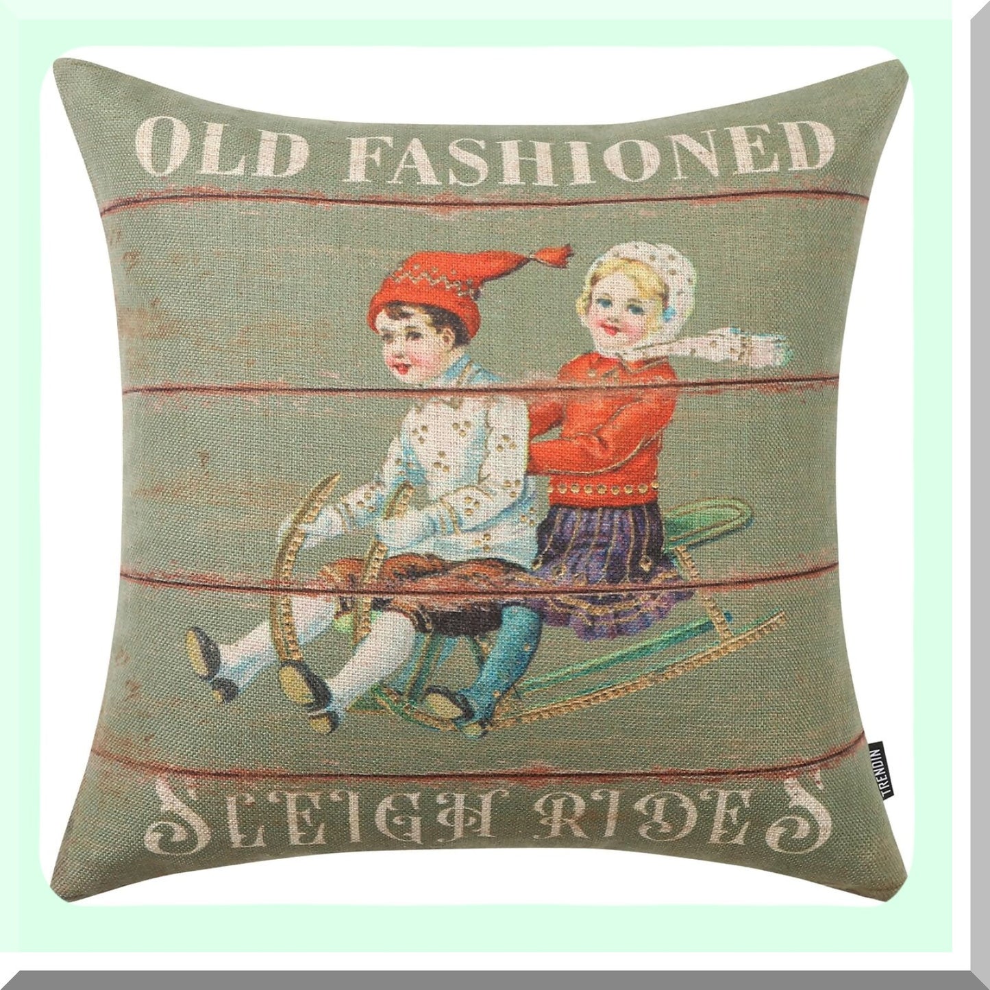 Farmhouse Holiday Sleigh Linen Pillow Covers - Set of 2 - 18x18 Square Cushion Cases for Sofa - Christmas Decorations - PL1109TR