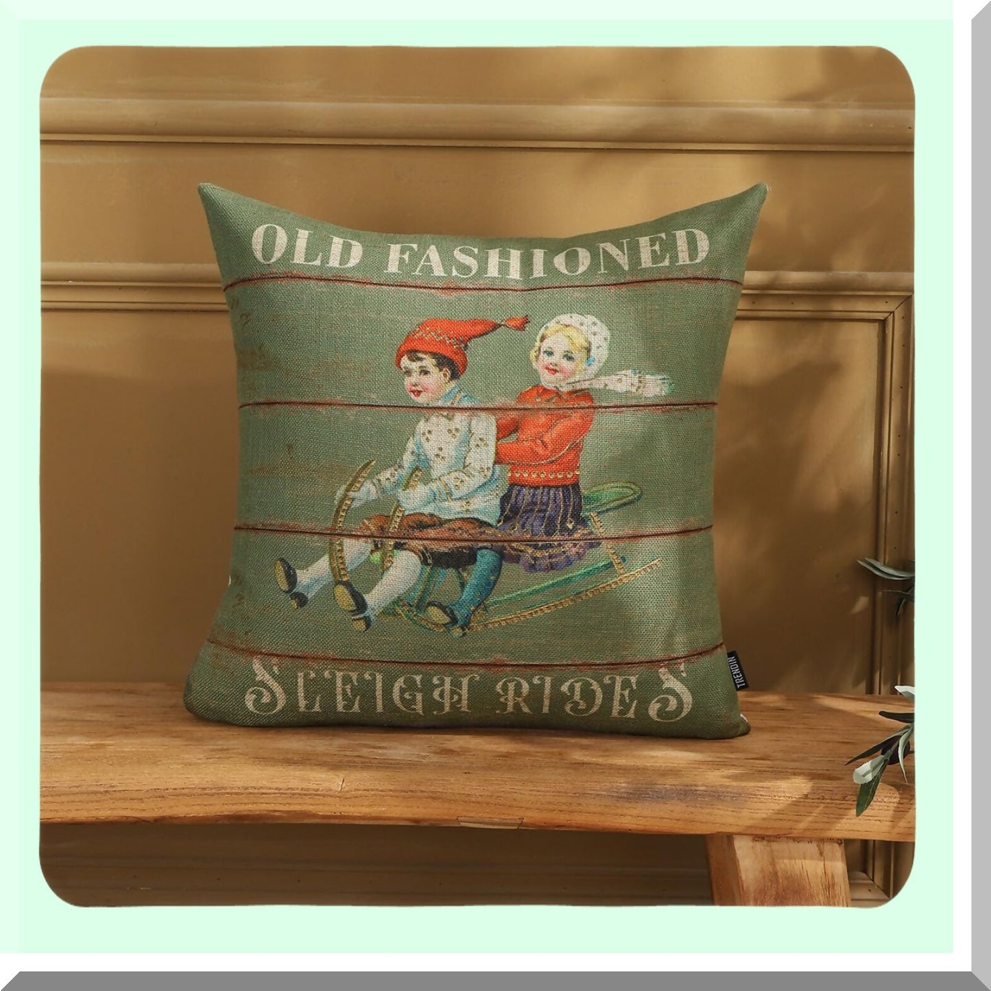 Farmhouse Holiday Sleigh Linen Pillow Covers - Set of 2 - 18x18 Square Cushion Cases for Sofa - Christmas Decorations - PL1109TR