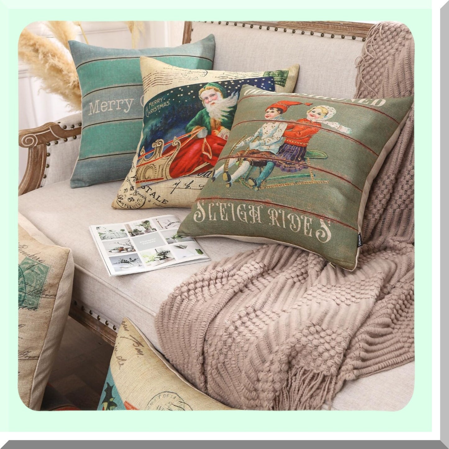 Farmhouse Holiday Sleigh Linen Pillow Covers - Set of 2 - 18x18 Square Cushion Cases for Sofa - Christmas Decorations - PL1109TR