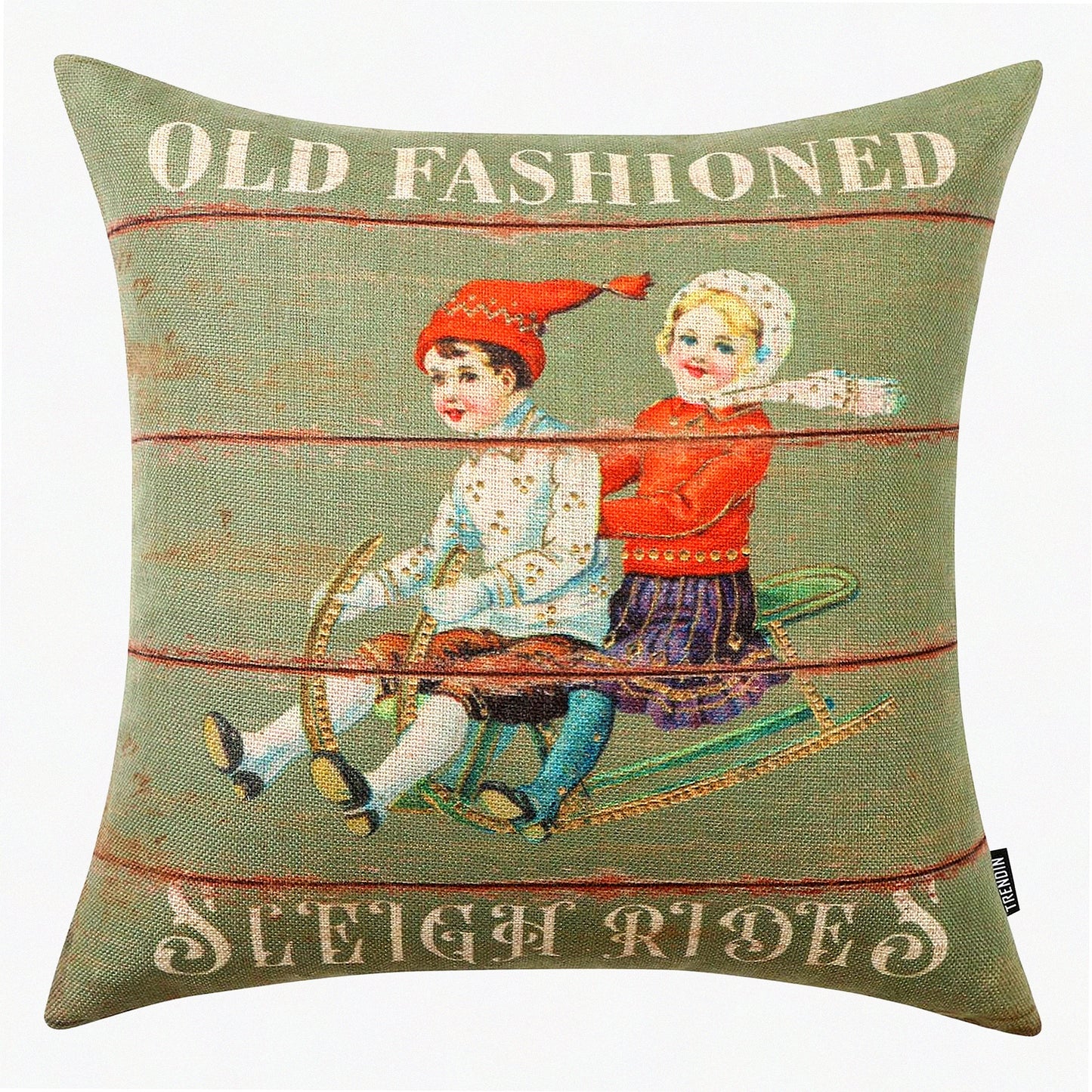 Farmhouse Holiday Sleigh Linen Pillow Covers - Set of 2 - 18x18 Square Cushion Cases for Sofa - Christmas Decorations - PL1109TR