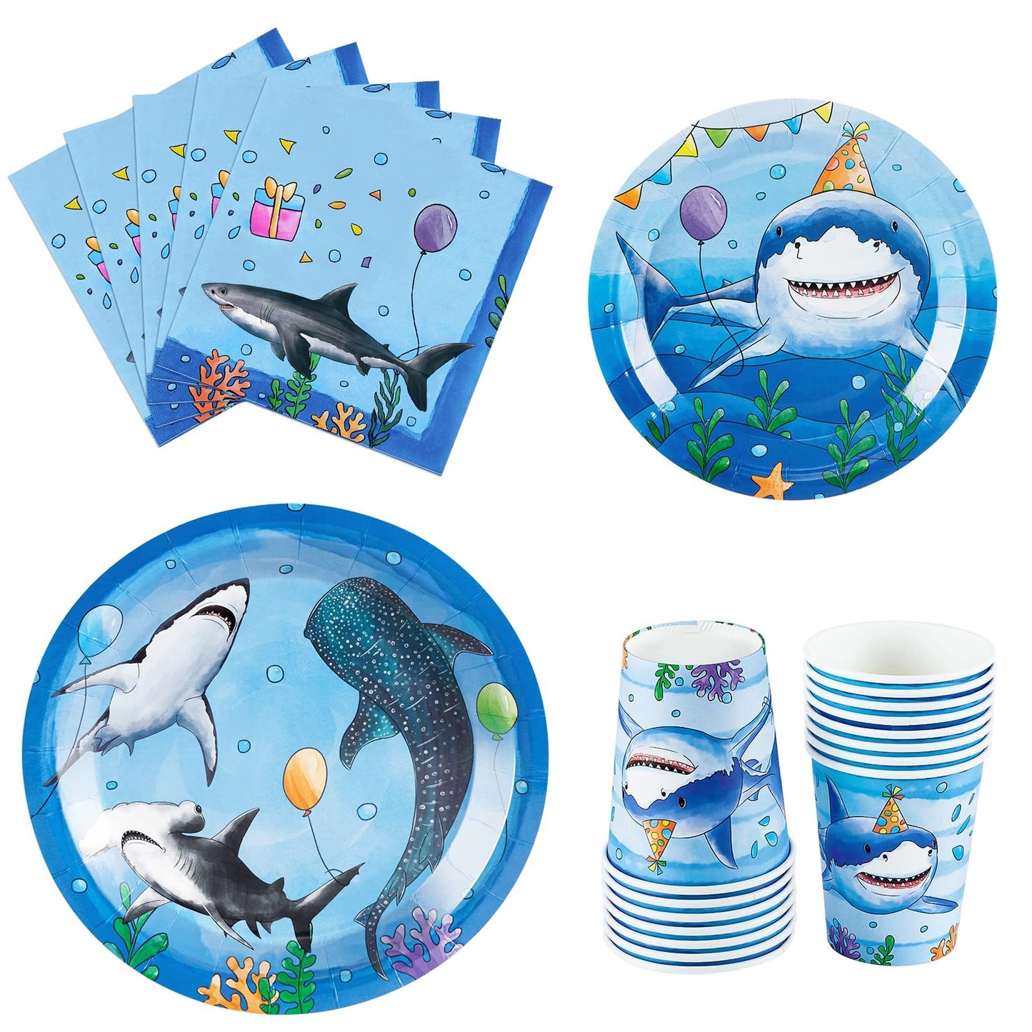 Shark Blast Party Pack - 64PCS Ocean Shark Birthday Tableware Set for Boys Kids Baby Shower. Includes Plates, Cups, Napkins for Blue Shark Summer Pool Party.