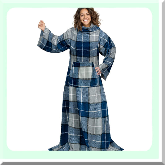 CozyWrap Plaid Navy Fleece Blanket with Sleeves - Soft, Warm Full Body Throw with Pocket, Perfect Gift for Adults, Women, Men, Mom, Wife