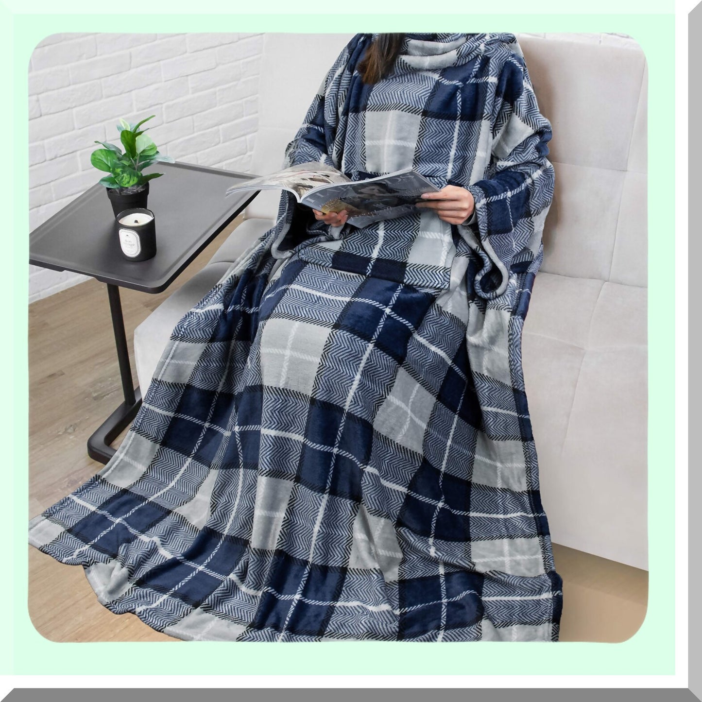 CozyWrap Plaid Navy Fleece Blanket with Sleeves - Soft, Warm Full Body Throw with Pocket, Perfect Gift for Adults, Women, Men, Mom, Wife
